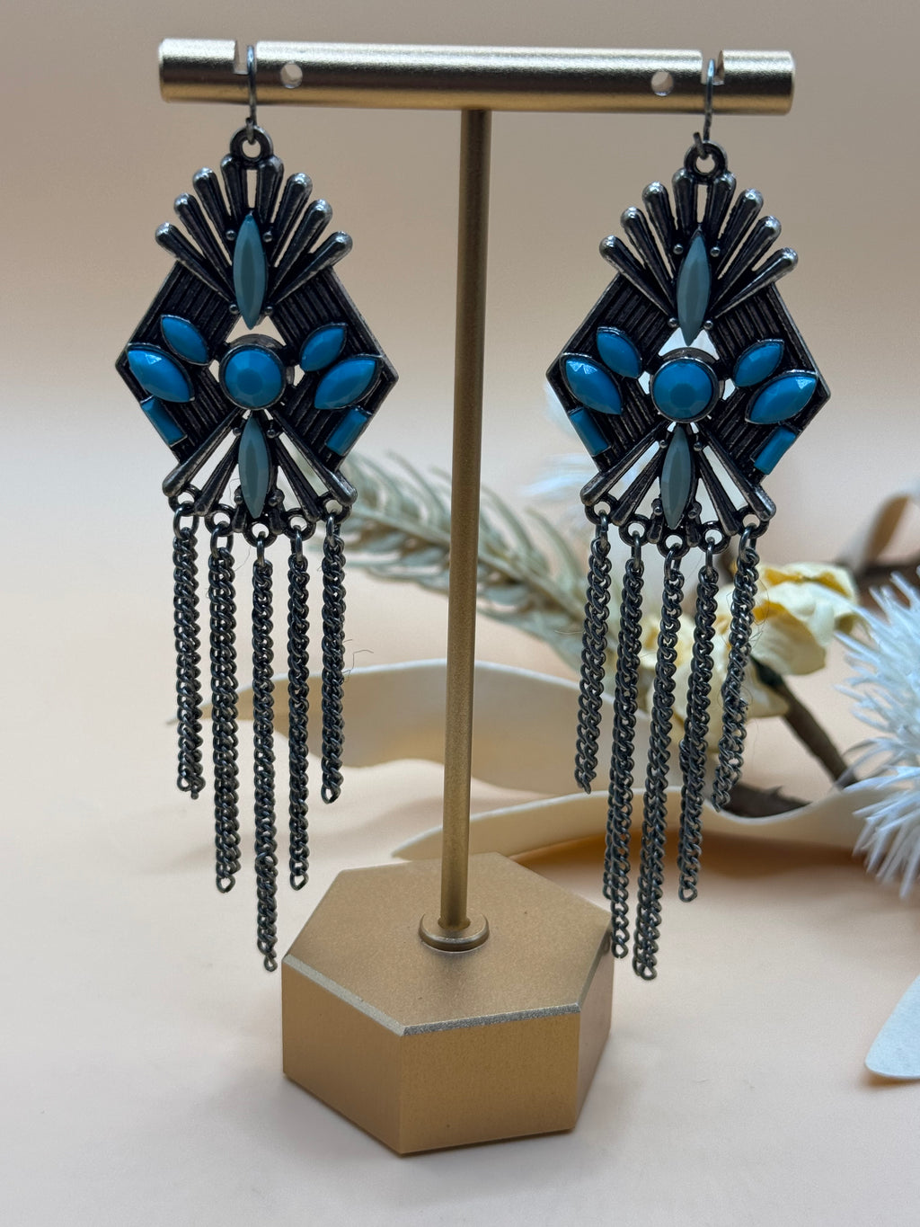 Silver Tone Blue Stone Statement Chandelier Drop Earrings Chain Fringe