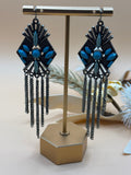 Silver Tone Blue Stone Statement Chandelier Drop Earrings Chain Fringe