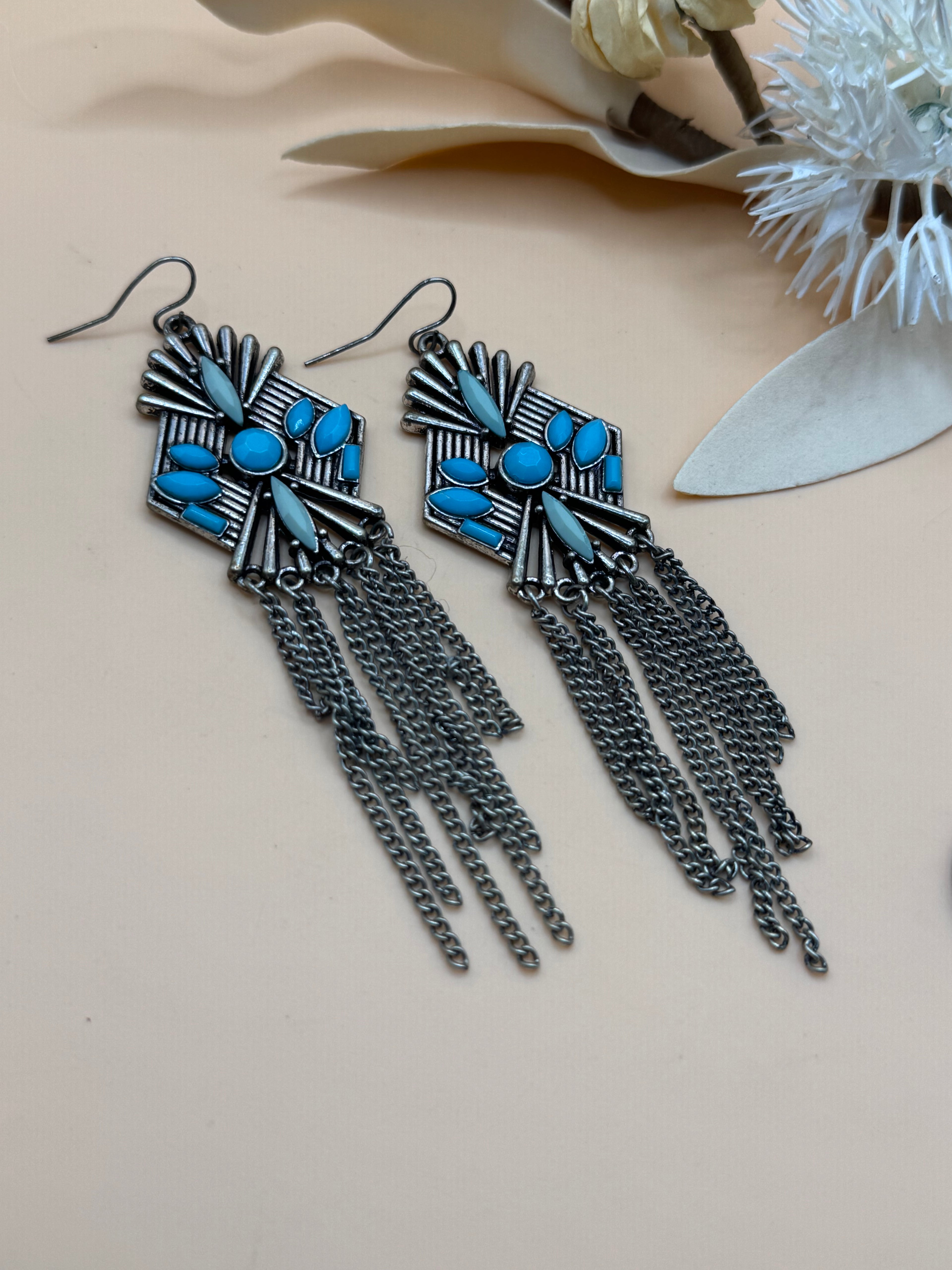 Silver Tone Blue Stone Statement Chandelier Drop Earrings Chain Fringe