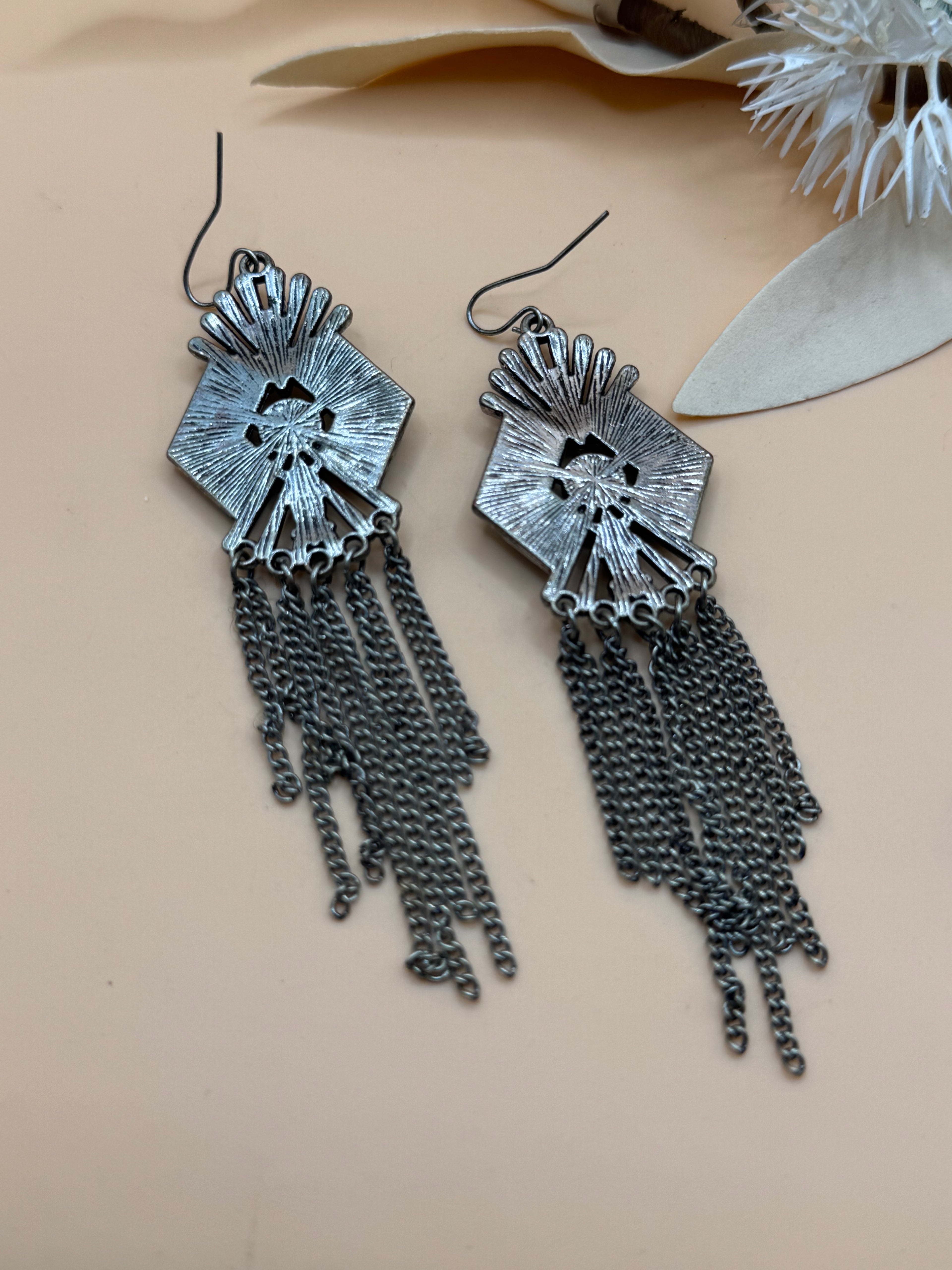 Silver Tone Blue Stone Statement Chandelier Drop Earrings Chain Fringe