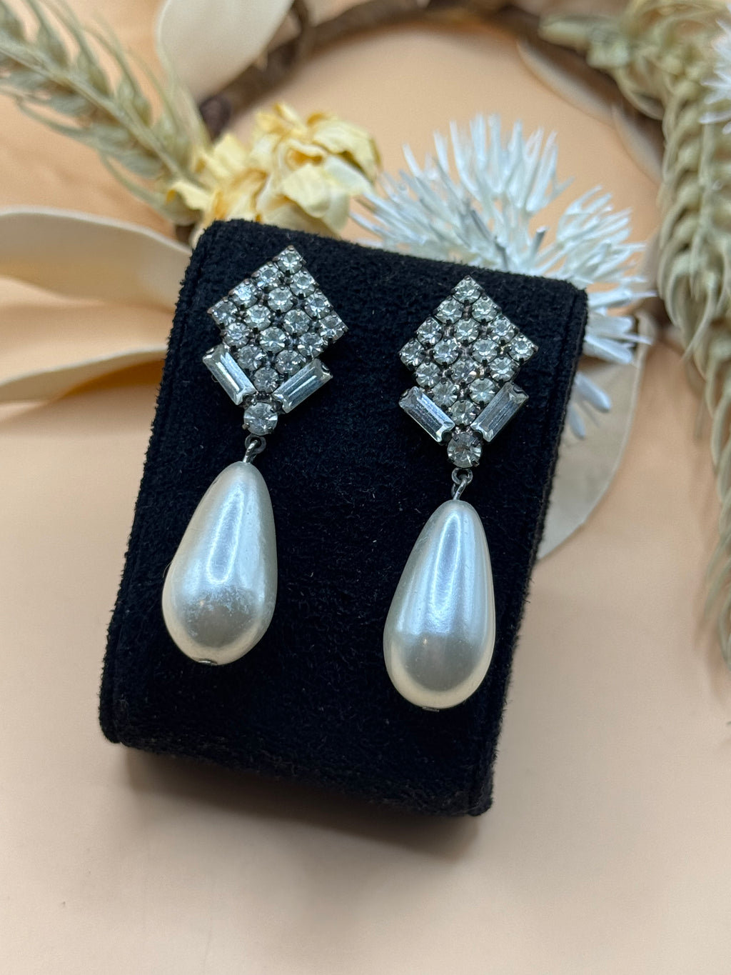 Vintage Silver Tone Square Rhinestone Pearl Drop Earrings Statement Jewelry