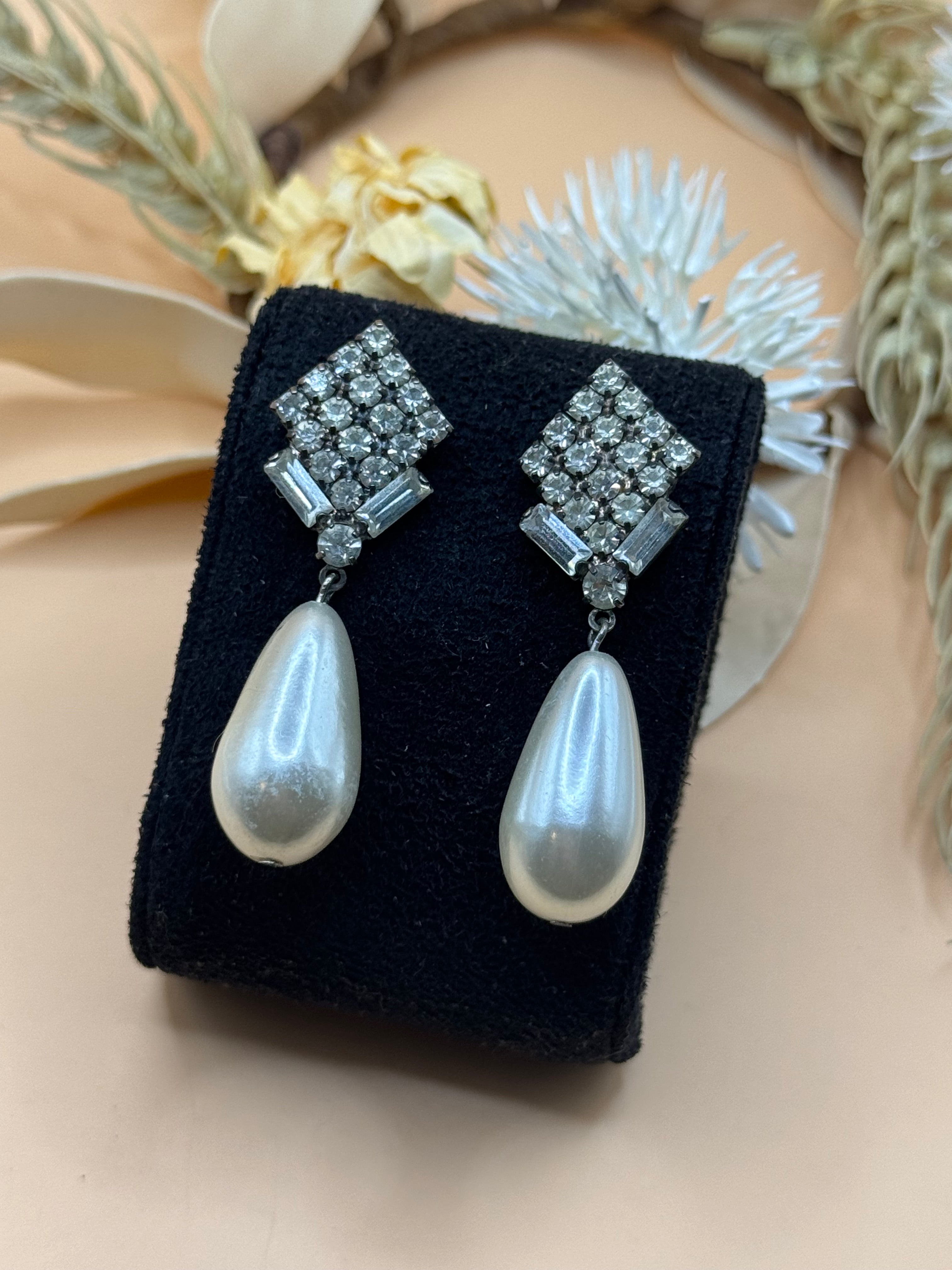 Vintage Silver Tone Square Rhinestone Pearl Drop Earrings Statement Jewelry