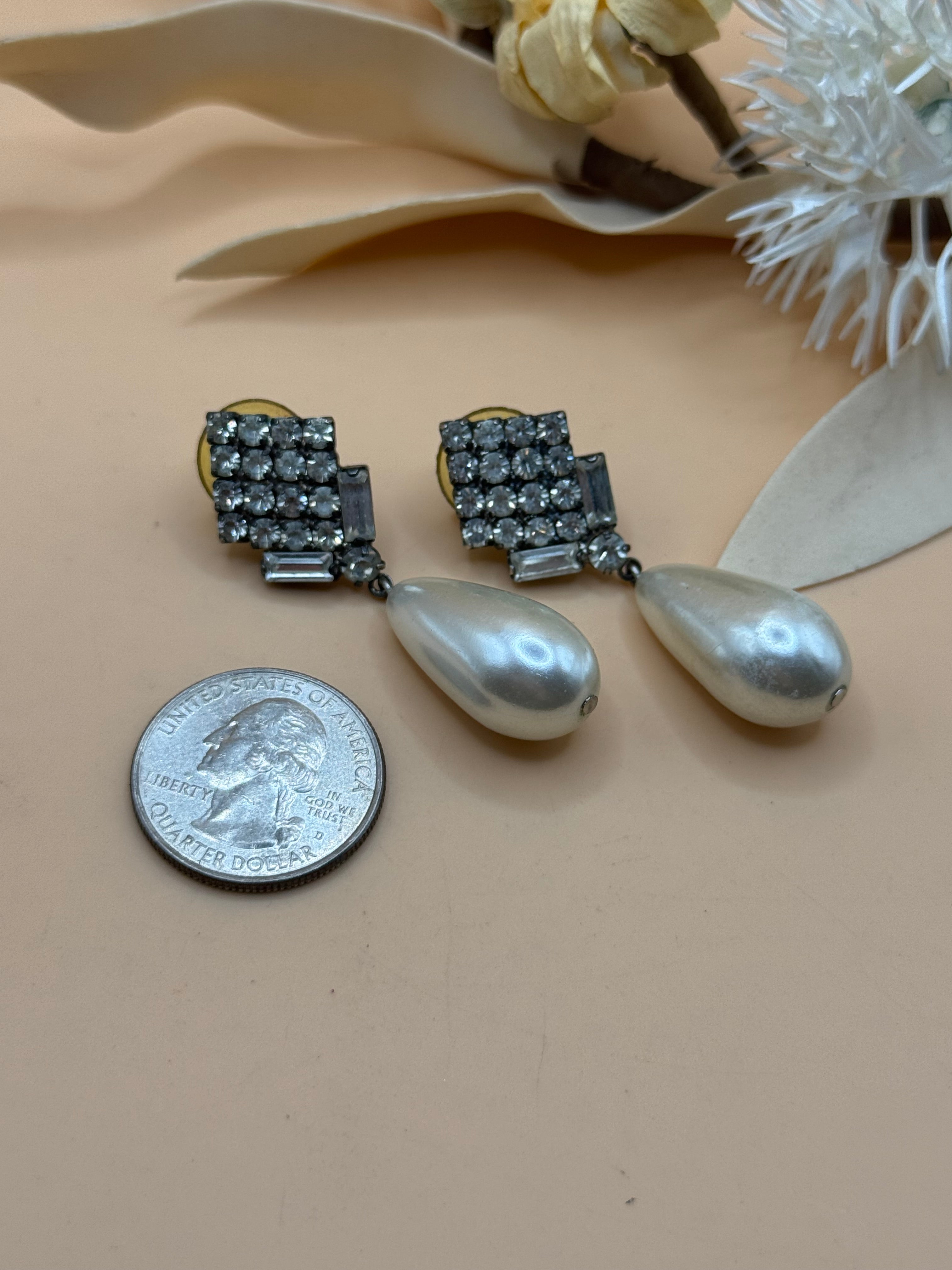 Vintage Silver Tone Square Rhinestone Pearl Drop Earrings Statement Jewelry