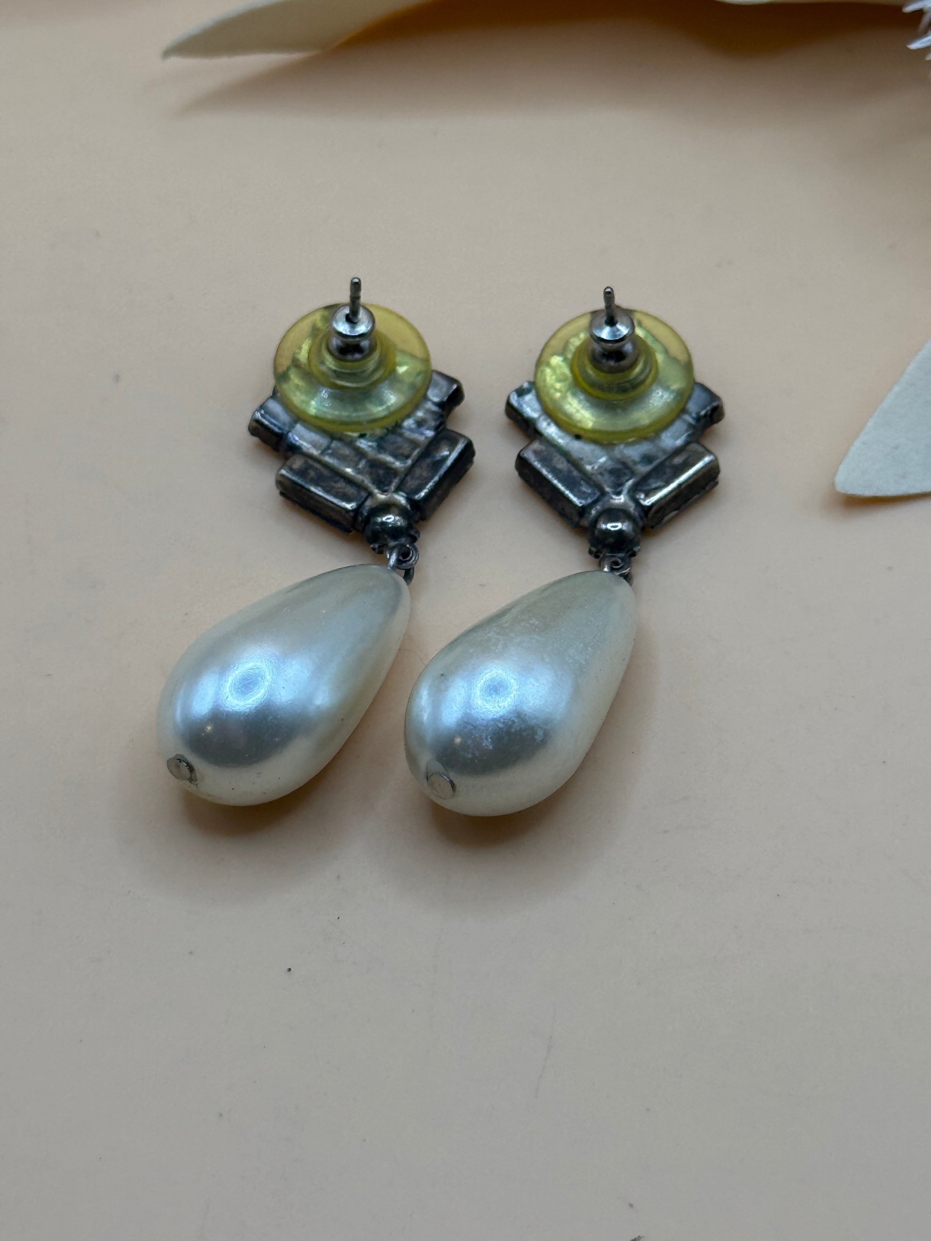Vintage Silver Tone Square Rhinestone Pearl Drop Earrings Statement Jewelry