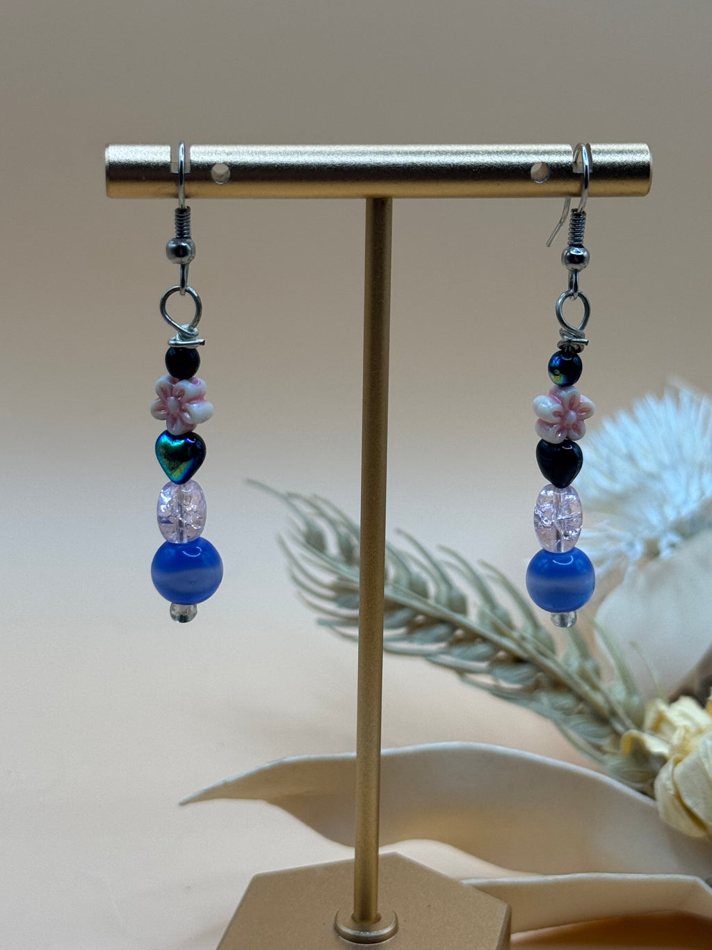 Silver Tone Blue Black Pink Flower Beaded Drop Earrings Statement Jewelry