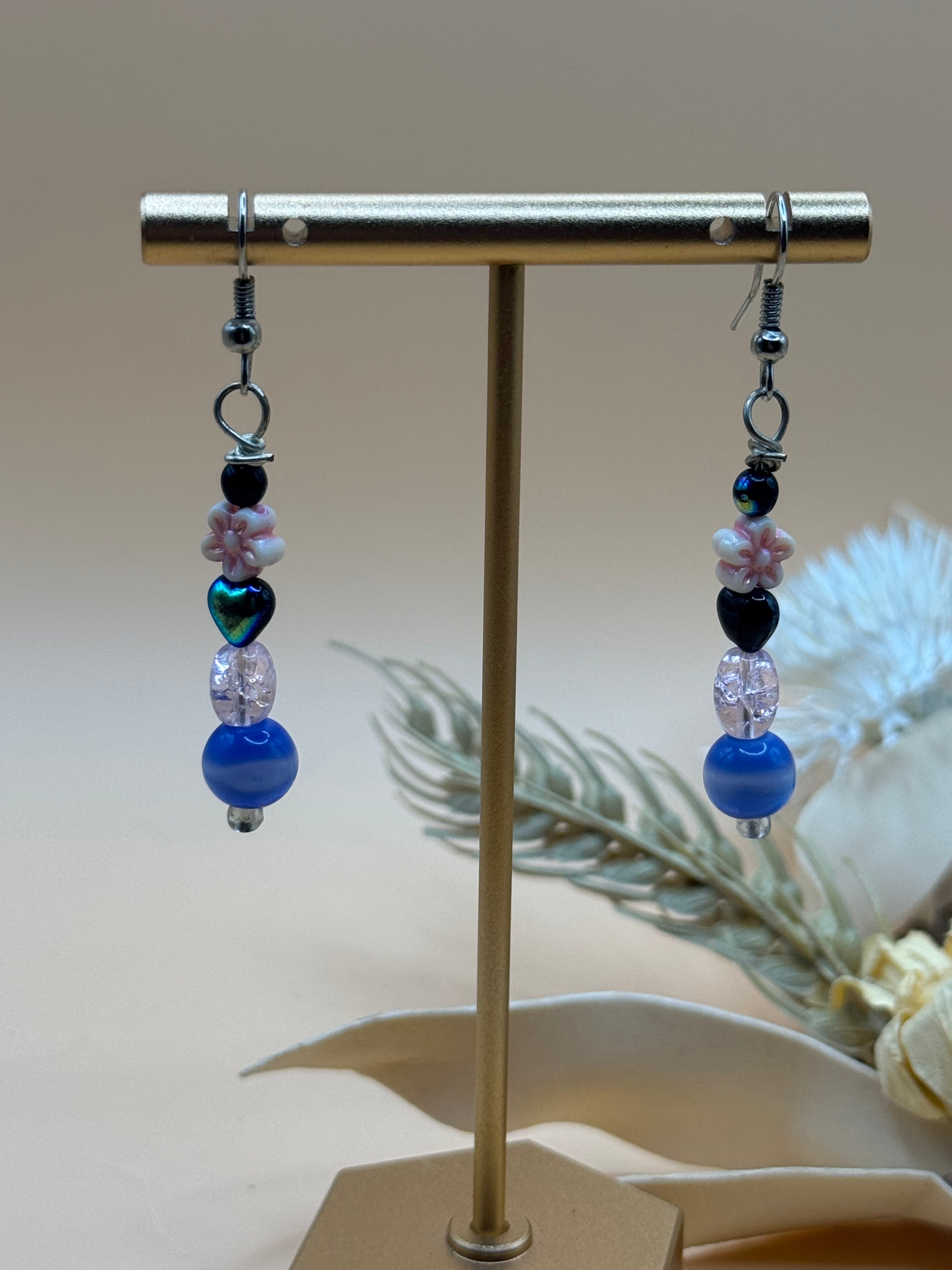 Silver Tone Blue Black Pink Flower Beaded Drop Earrings Statement Jewelry