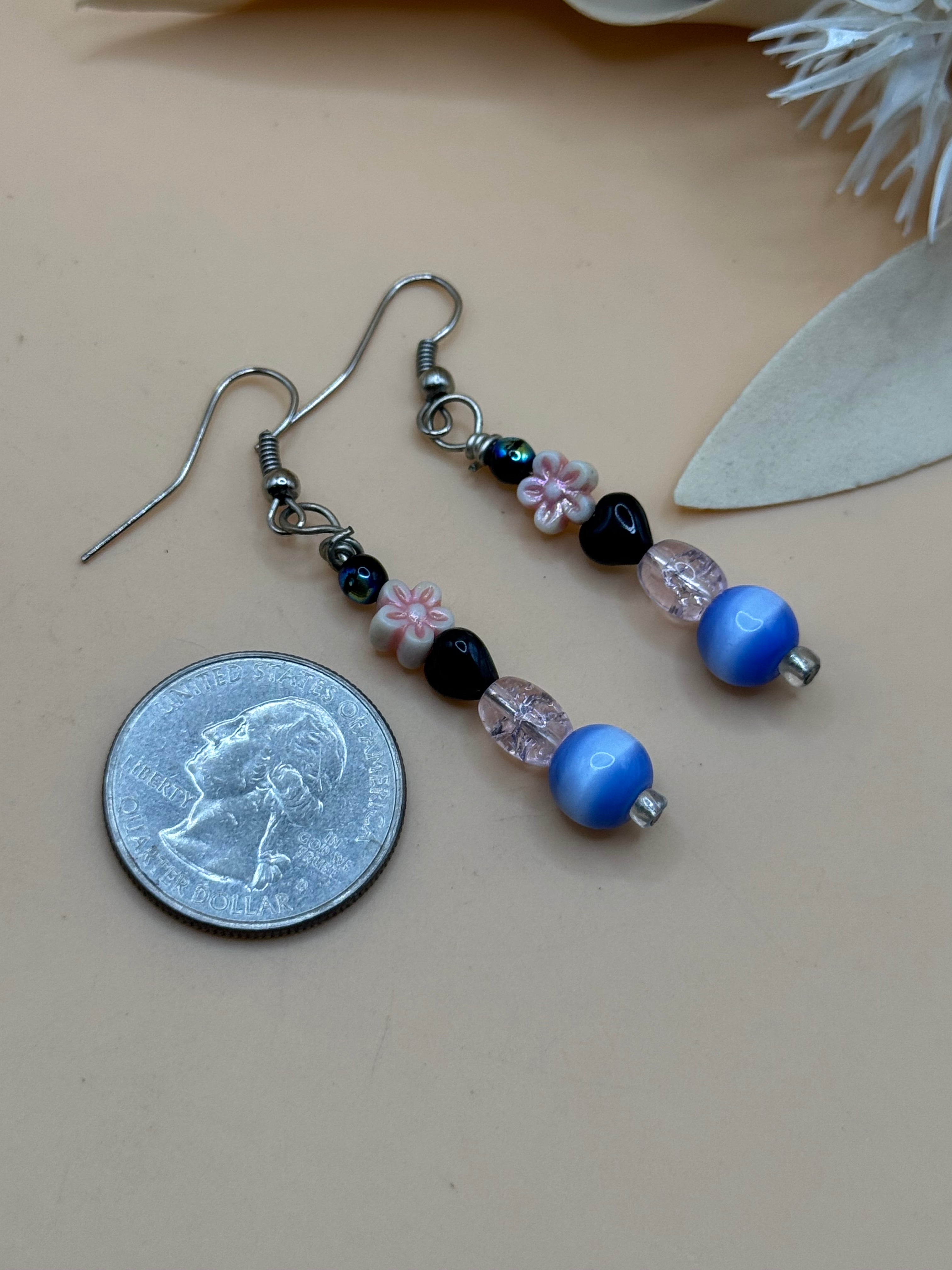 Silver Tone Blue Black Pink Flower Beaded Drop Earrings Statement Jewelry