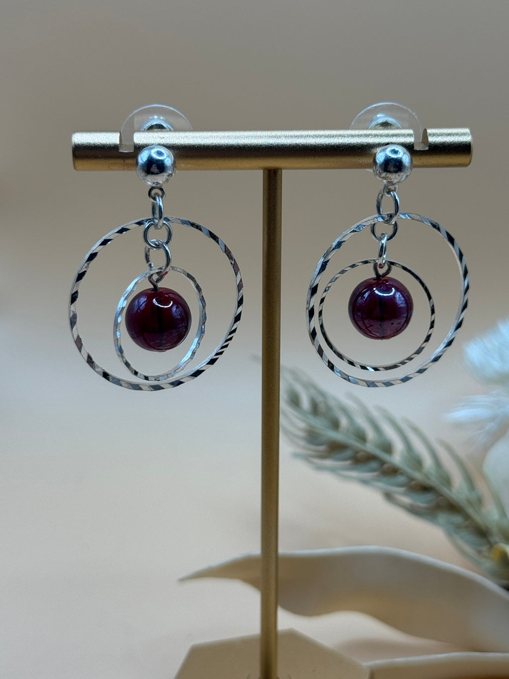 Silver Tone Double Circle Red Bead Drop Earrings Statement Jewelry