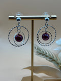 Silver Tone Double Circle Red Bead Drop Earrings Statement Jewelry