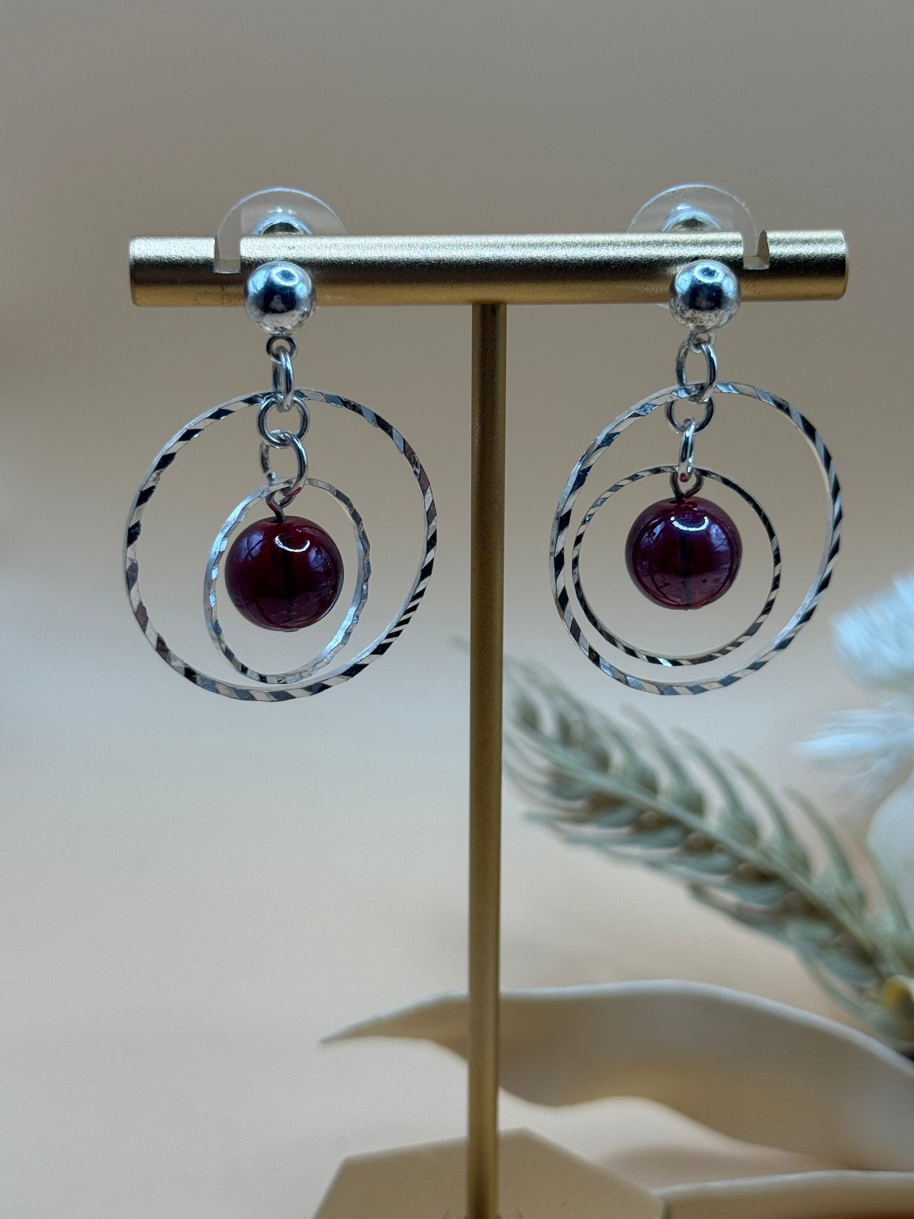 Silver Tone Double Circle Red Bead Drop Earrings Statement Jewelry