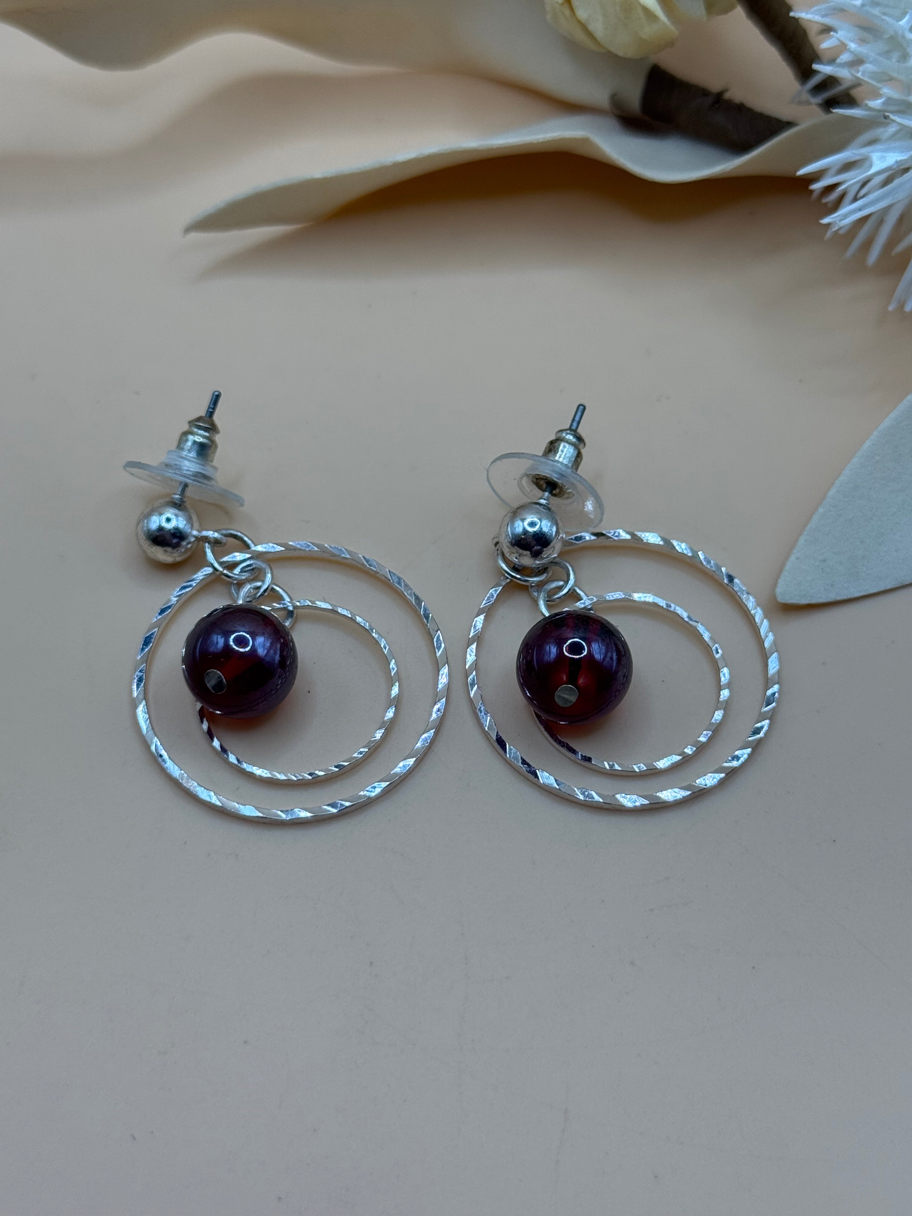 Silver Tone Double Circle Red Bead Drop Earrings Statement Jewelry