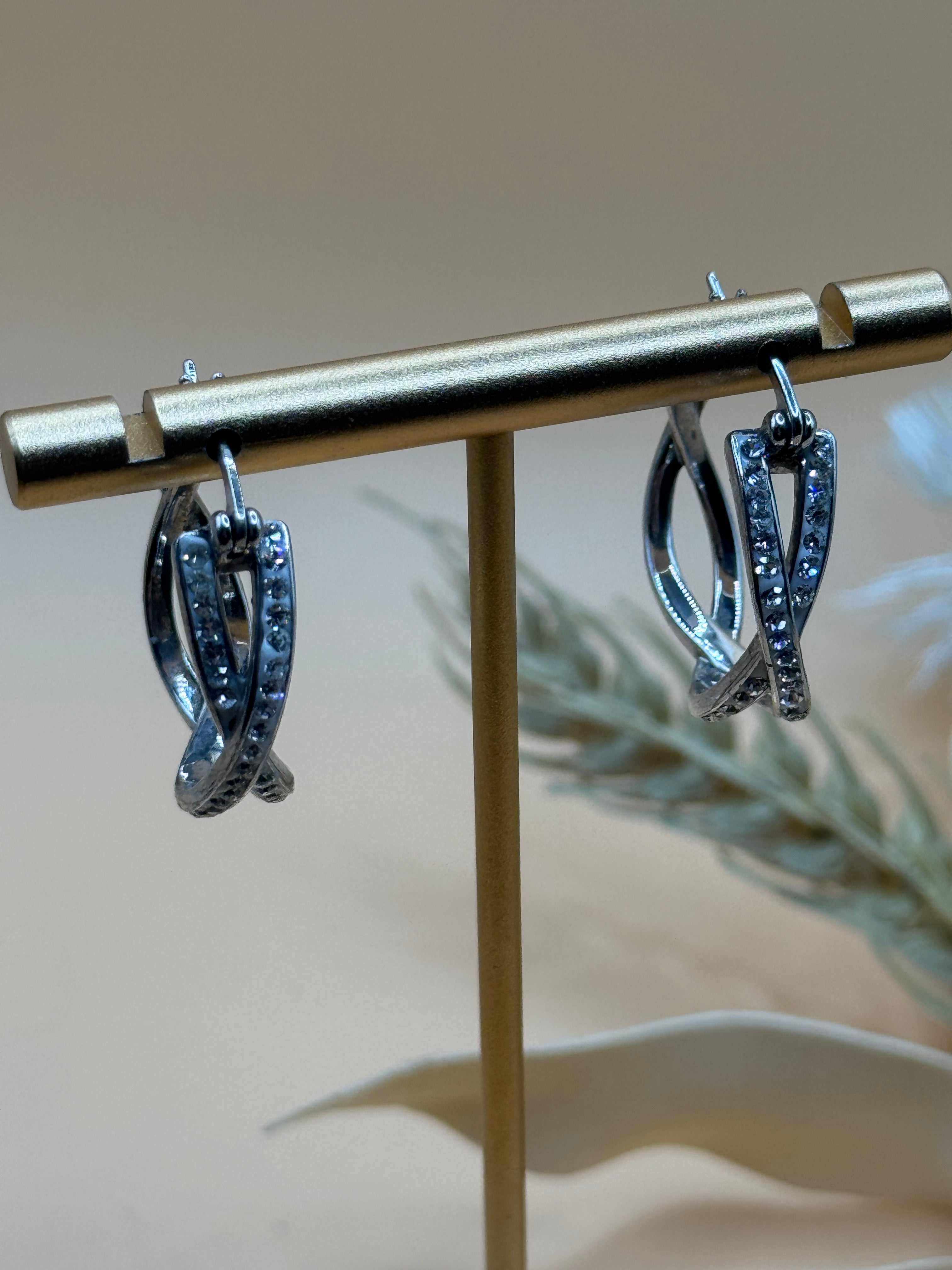 Silver Tone Twisted Hoop Rhinestone Earrings Statement Jewelry