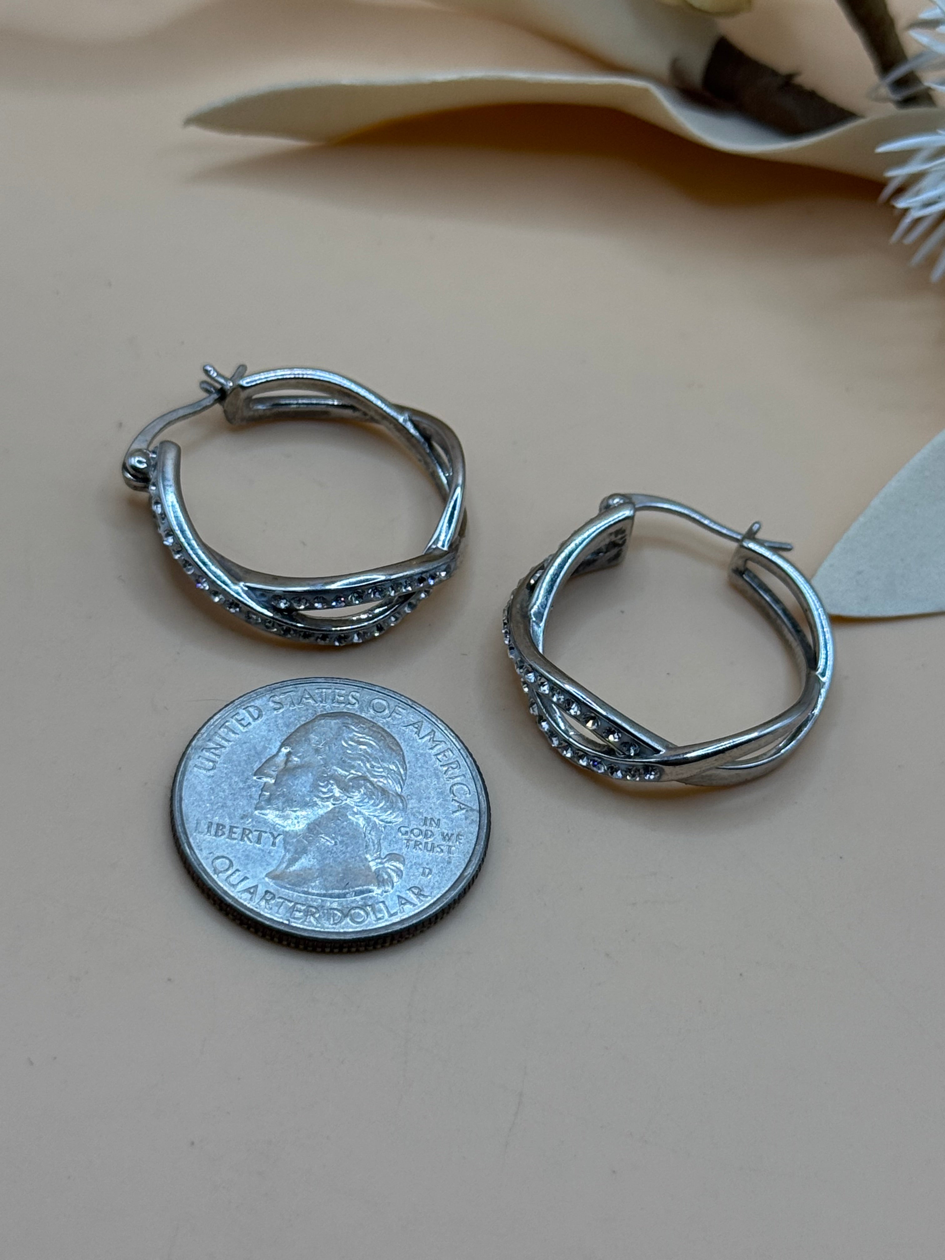 Silver Tone Twisted Hoop Rhinestone Earrings Statement Jewelry