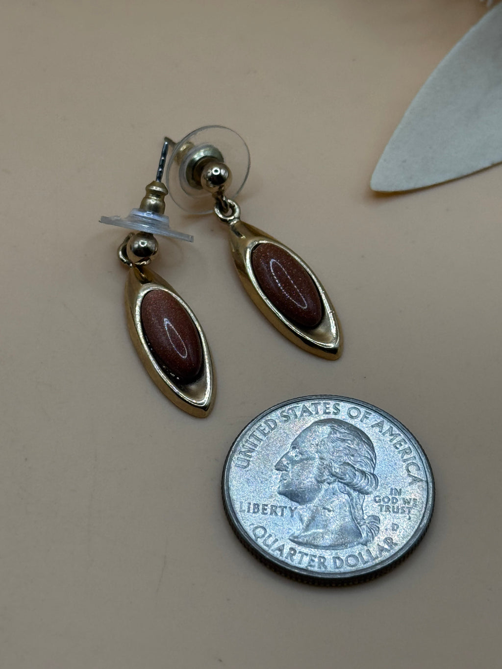 Gold Tone Oval Brown Stone Drop Earrings Statement Jewelry