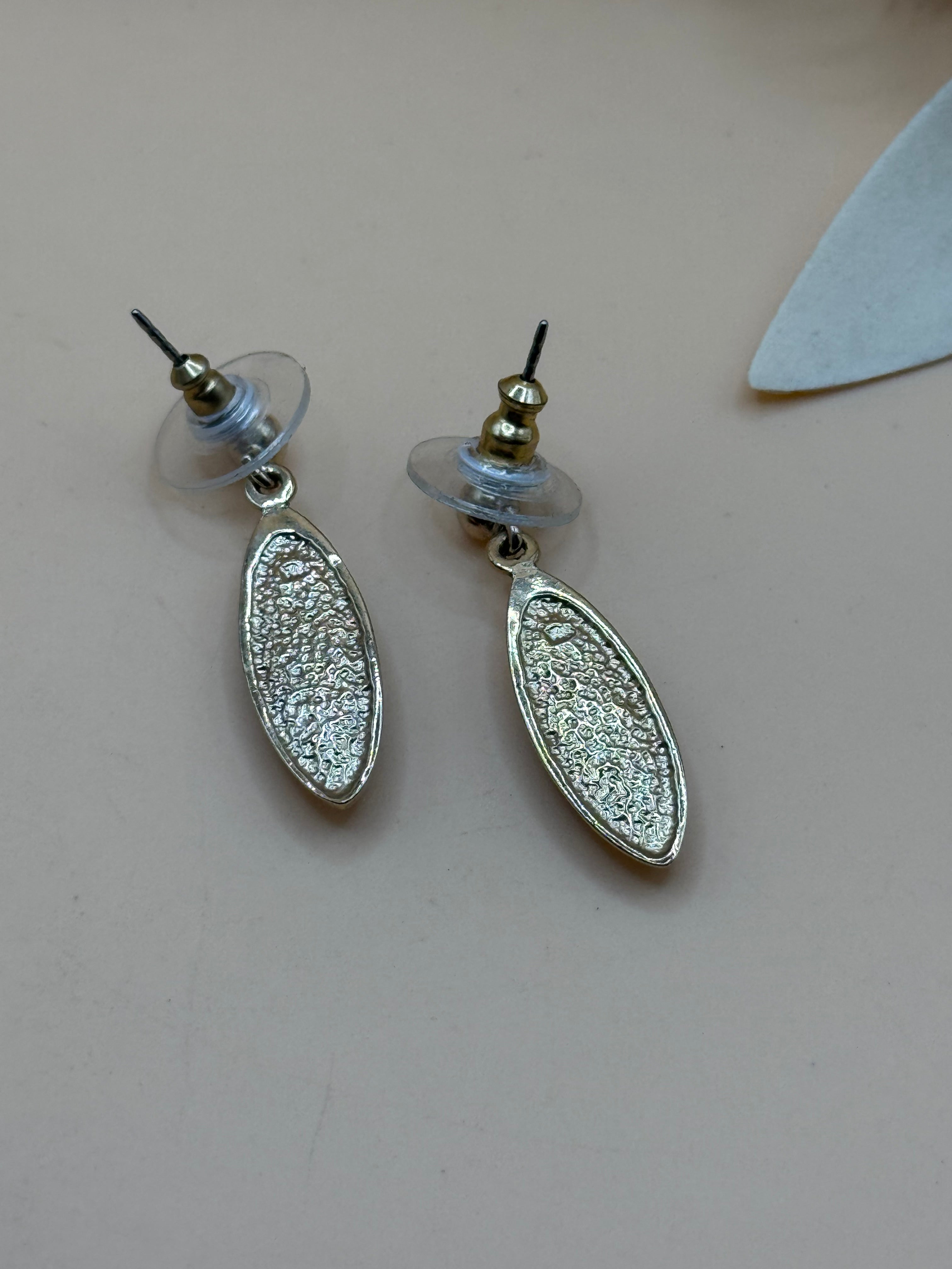 Gold Tone Oval Brown Stone Drop Earrings Statement Jewelry