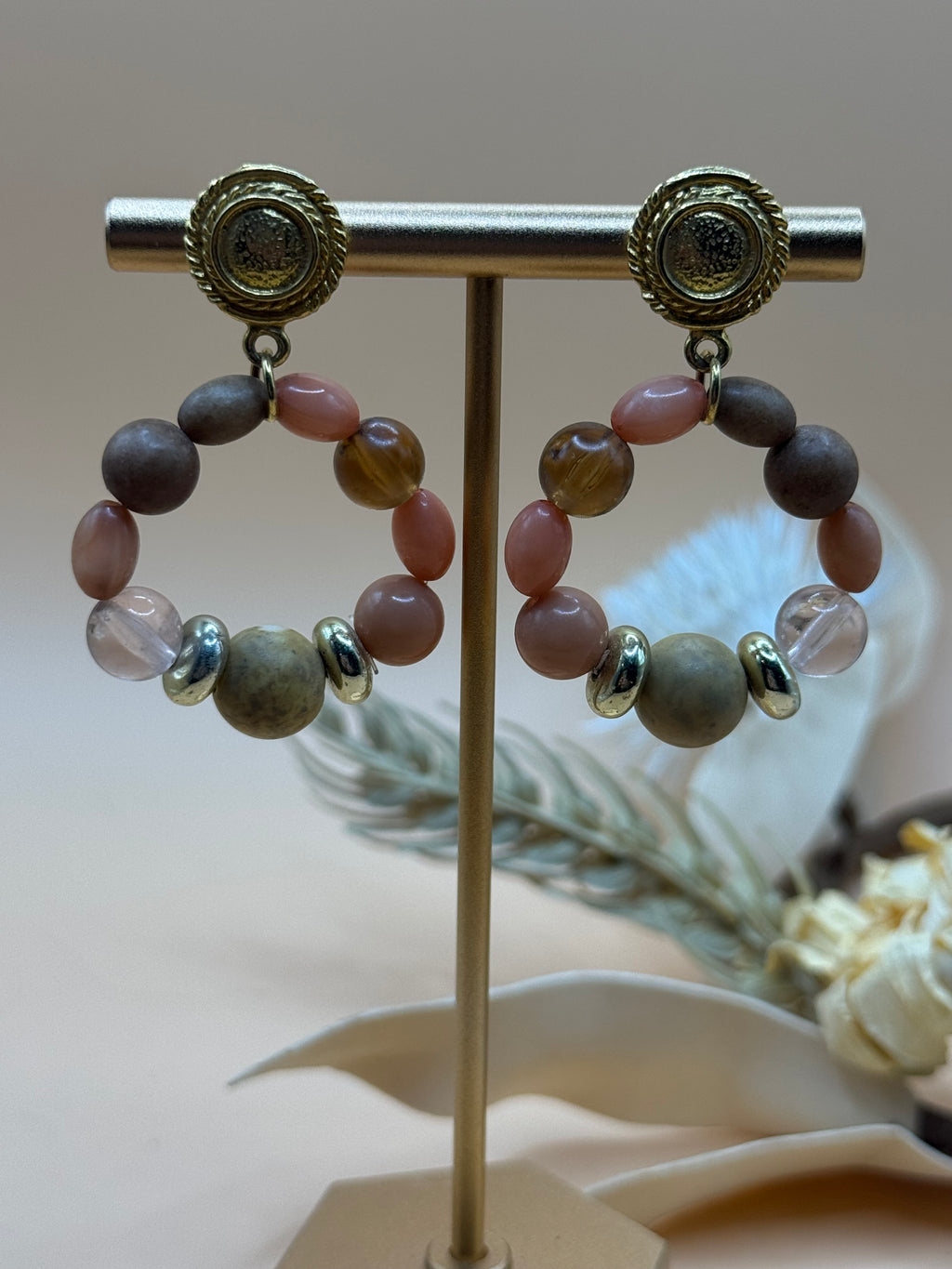 Gold Tone Pink Brown Beaded Hoop Earrings Statement Jewelry