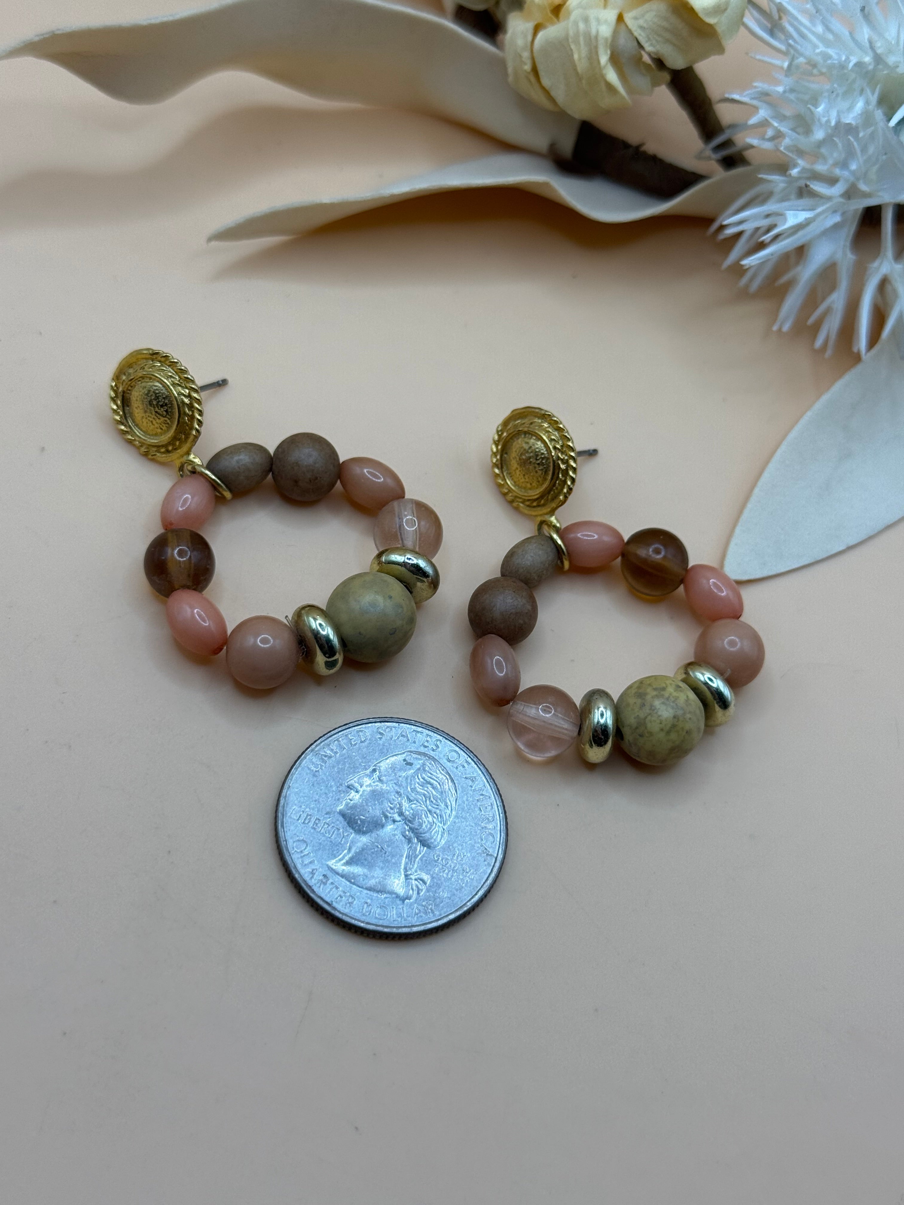 Gold Tone Pink Brown Beaded Hoop Earrings Statement Jewelry
