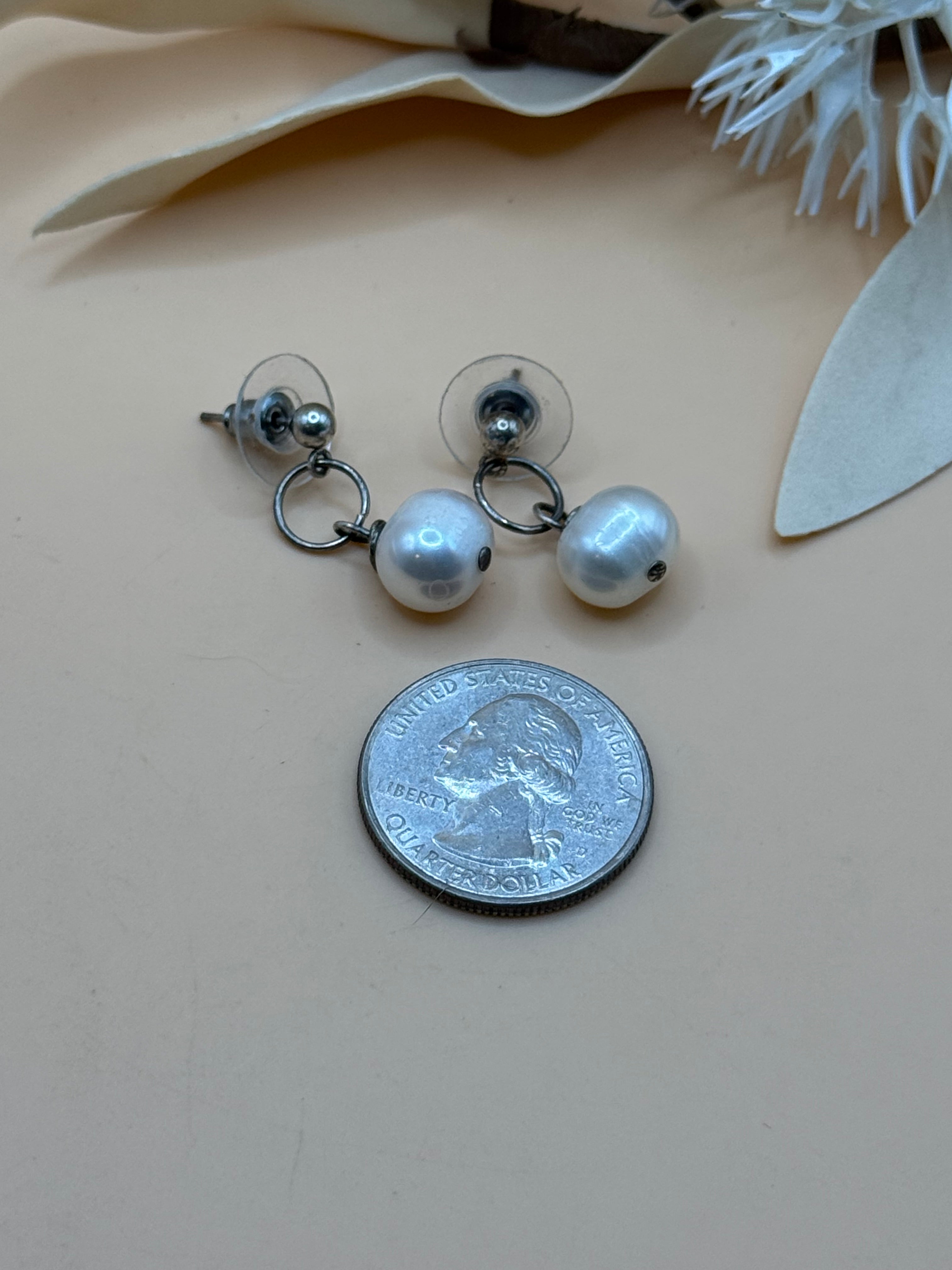 Silver Tone Faux Pearl Drop Earrings Statement Jewelry