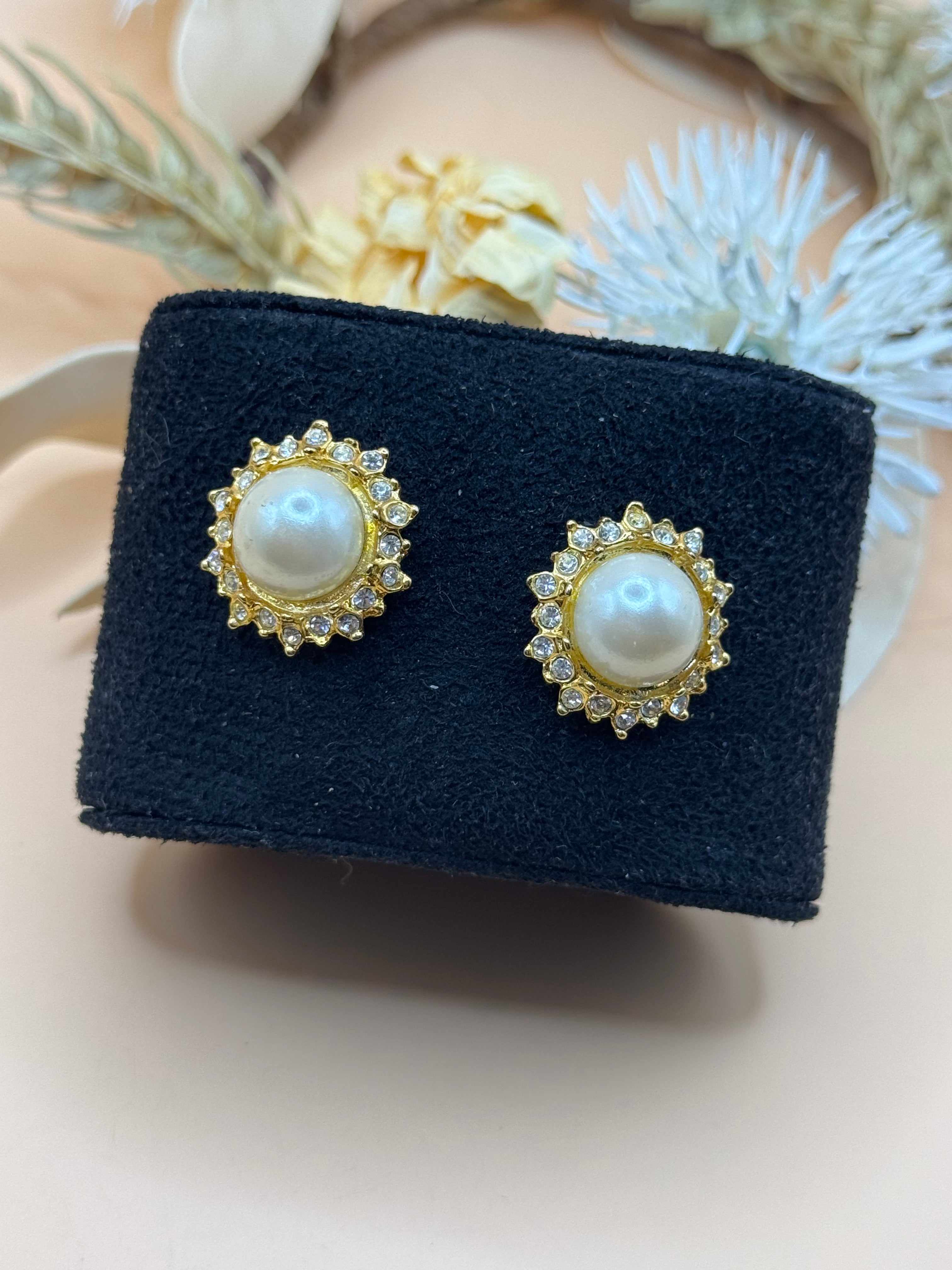 Gold Tone Pearl Rhinestone Halo Stud Earrings Statement Jewelry