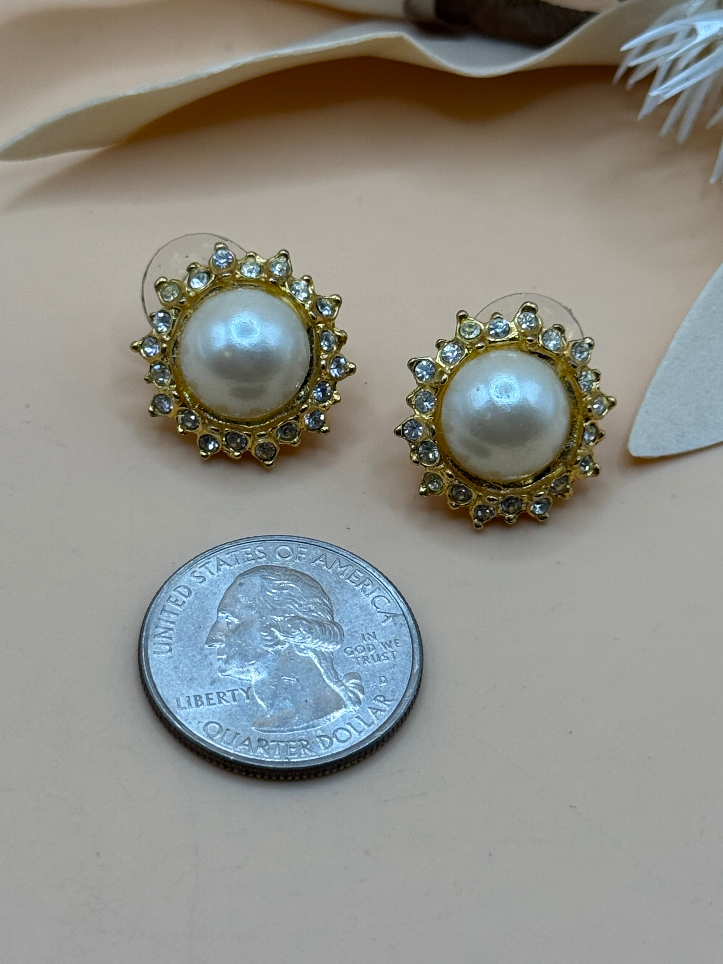 Gold Tone Pearl Rhinestone Halo Stud Earrings Statement Jewelry