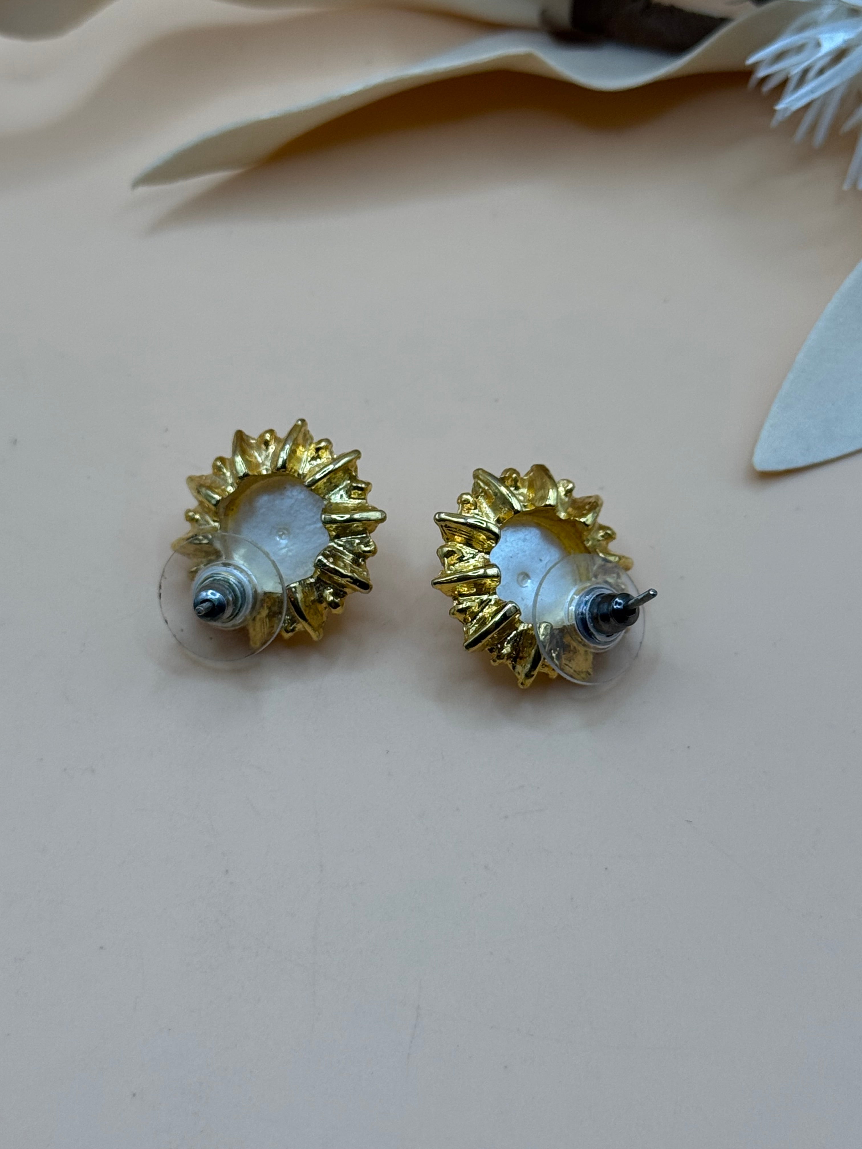 Gold Tone Pearl Rhinestone Halo Stud Earrings Statement Jewelry