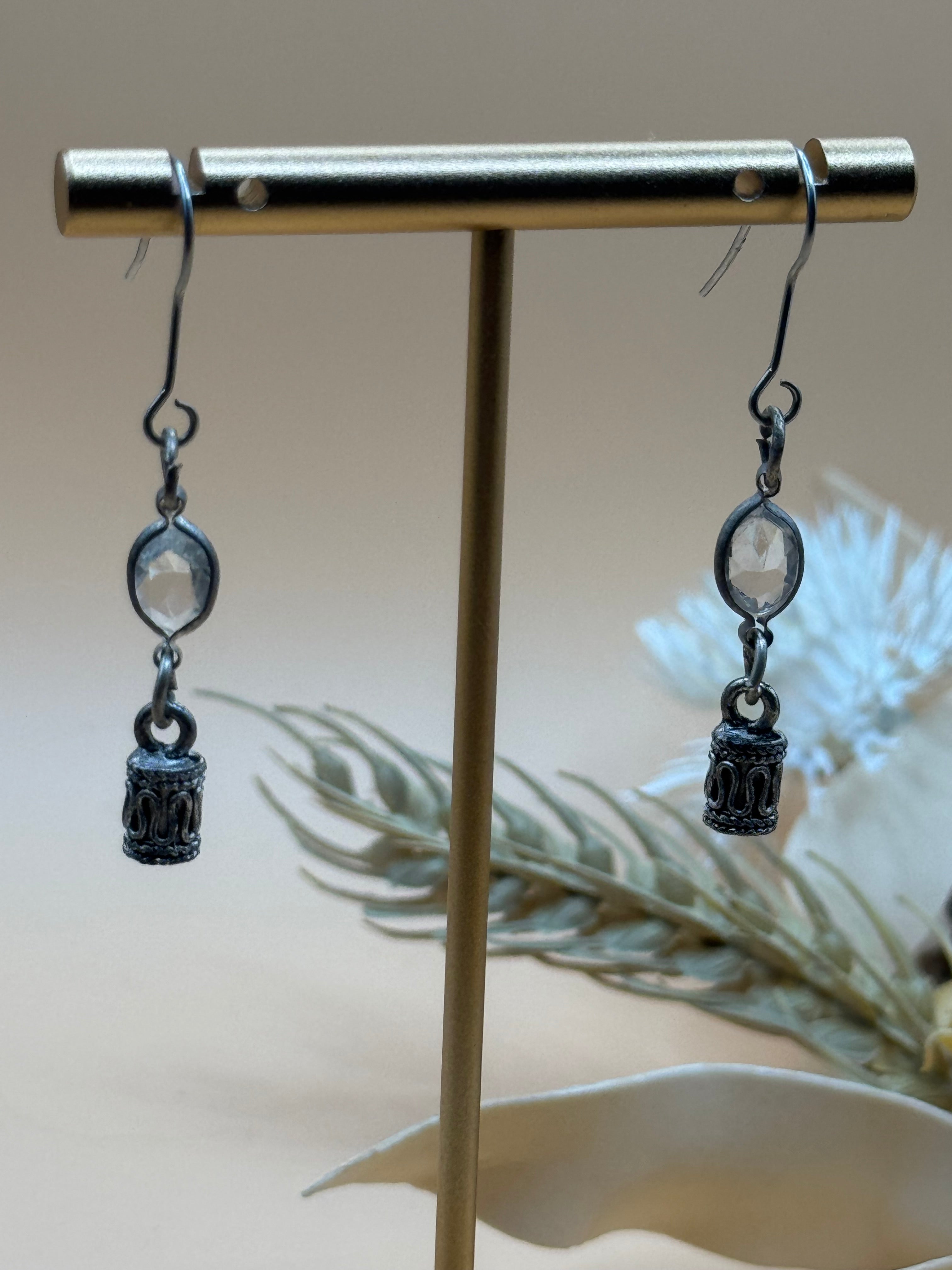 Vintage Silver Tone Clear Stone Ornate Barrel Drop Earrings