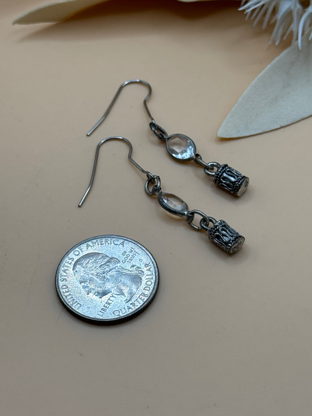 Vintage Silver Tone Clear Stone Ornate Barrel Drop Earrings