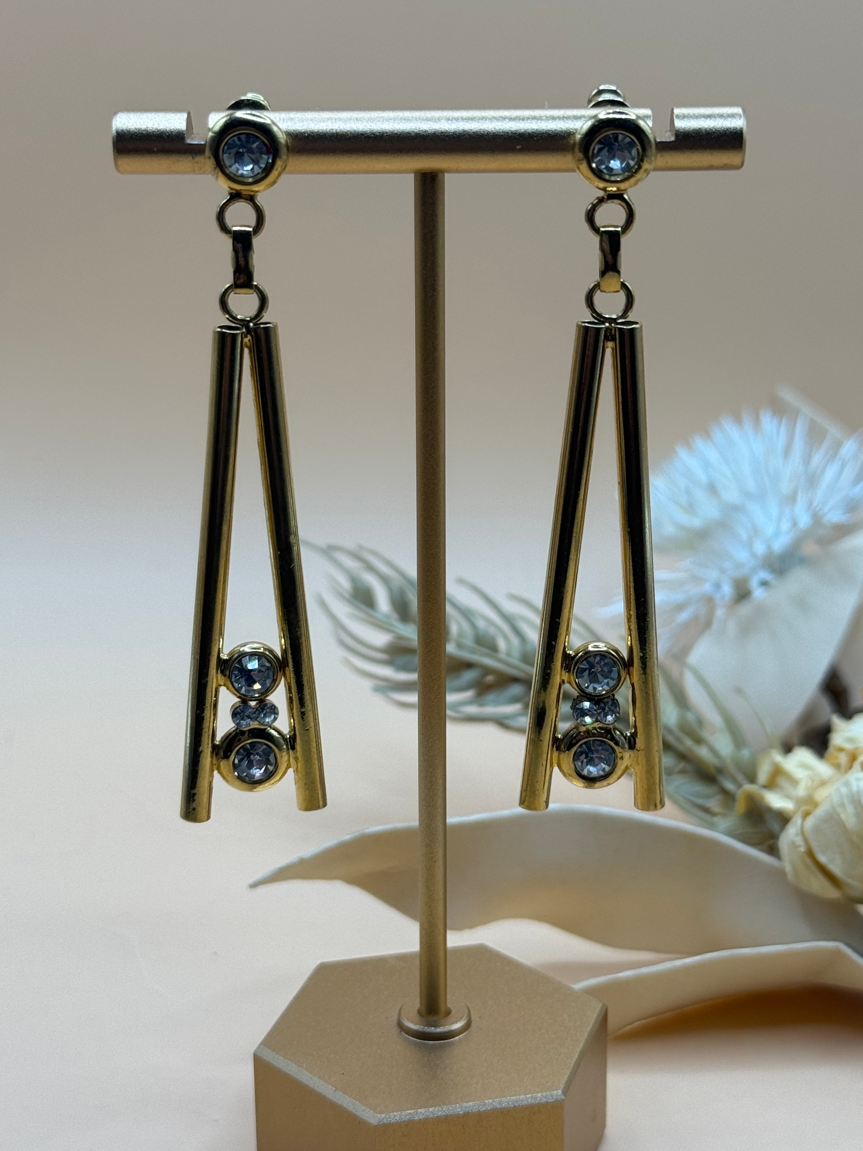 Gold Tone Clear Stone Long Bar Drop Earrings Statement Jewelry