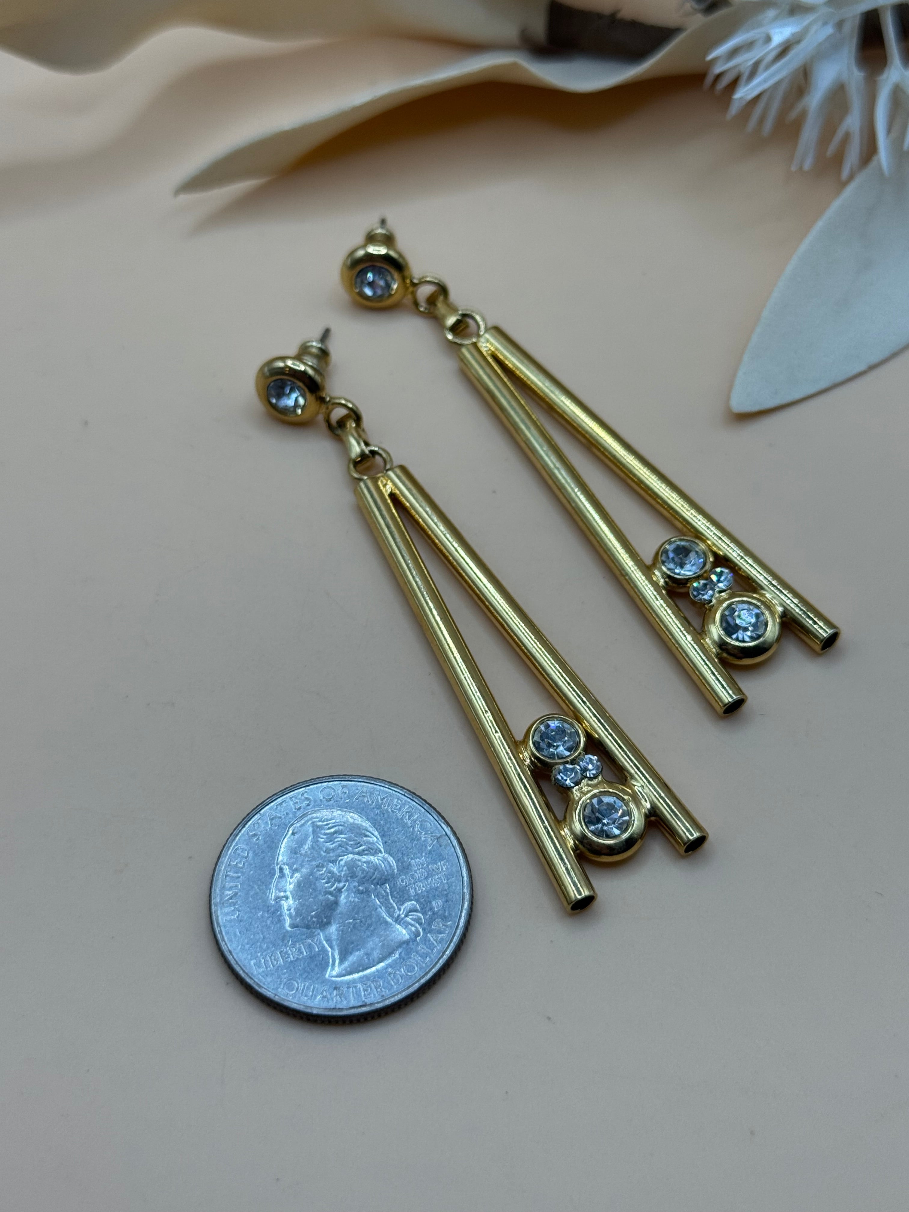 Gold Tone Clear Stone Long Bar Drop Earrings Statement Jewelry