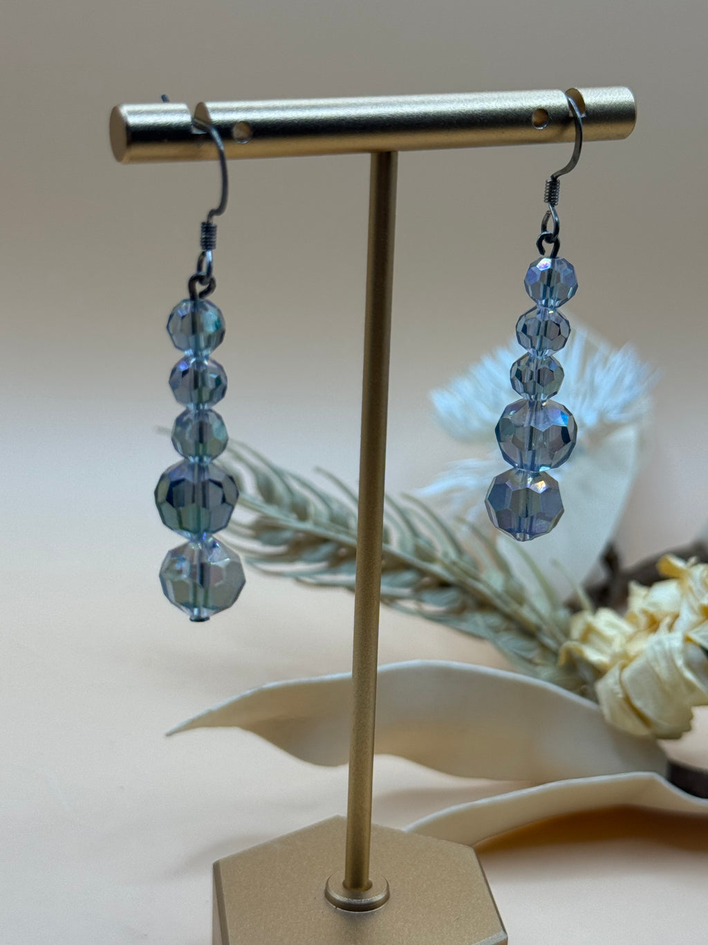Light Gray Faceted Bead Drop Earrings Silver Tone Statement Jewelry