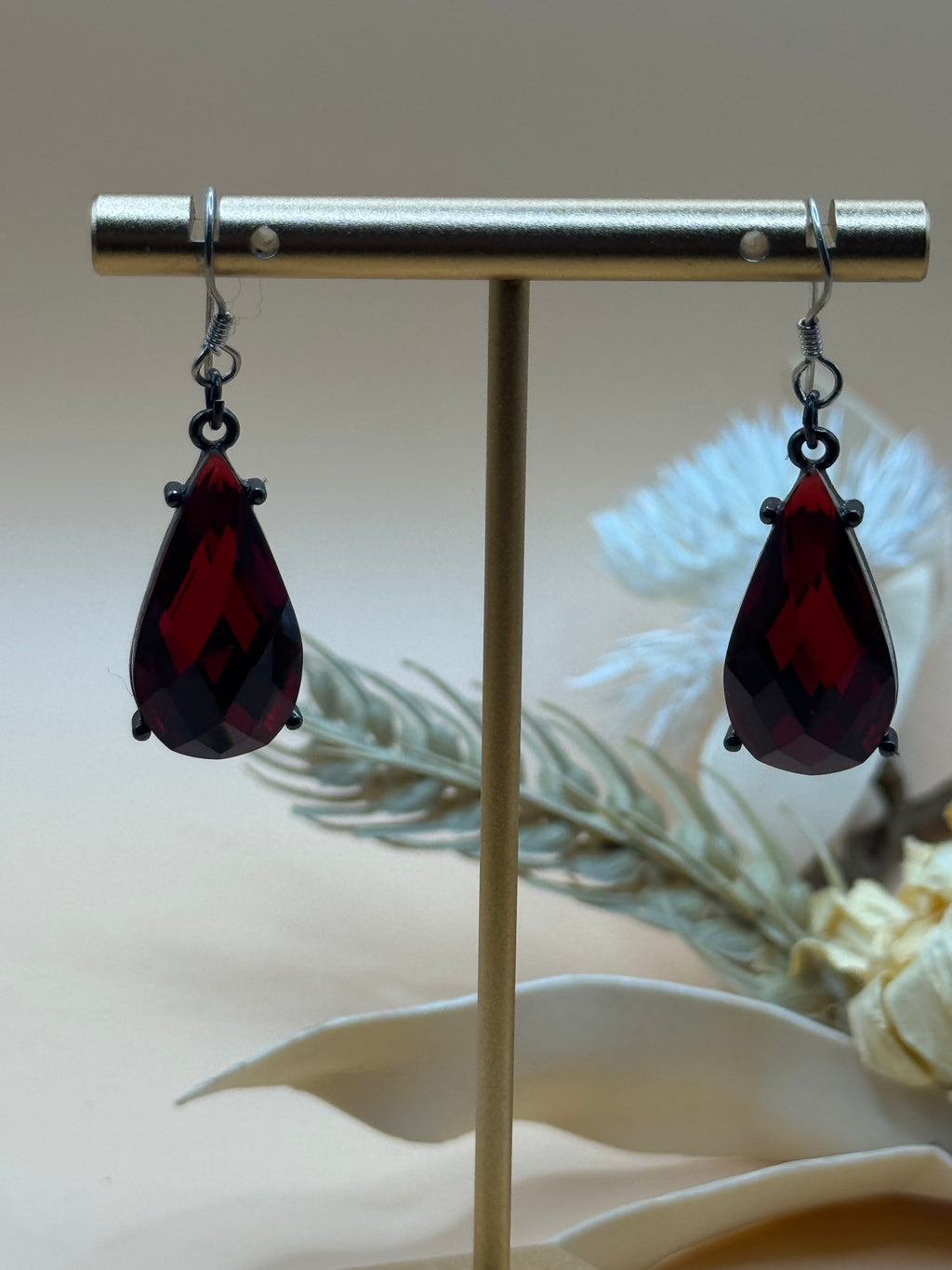 Silver Tone Red Teardrop Faceted Stone Drop Earrings Statement Jewelry