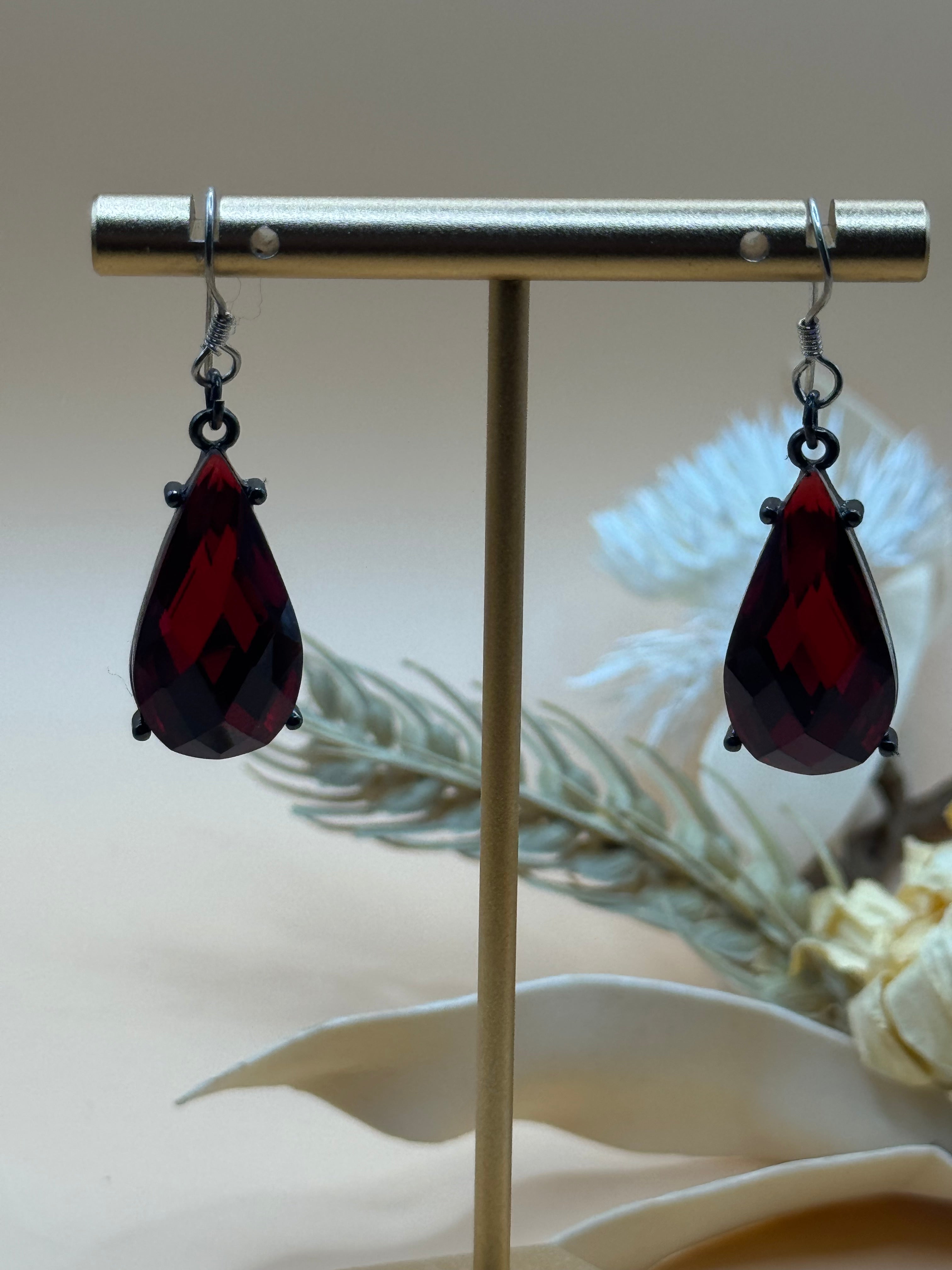 Silver Tone Red Teardrop Faceted Stone Drop Earrings Statement Jewelry
