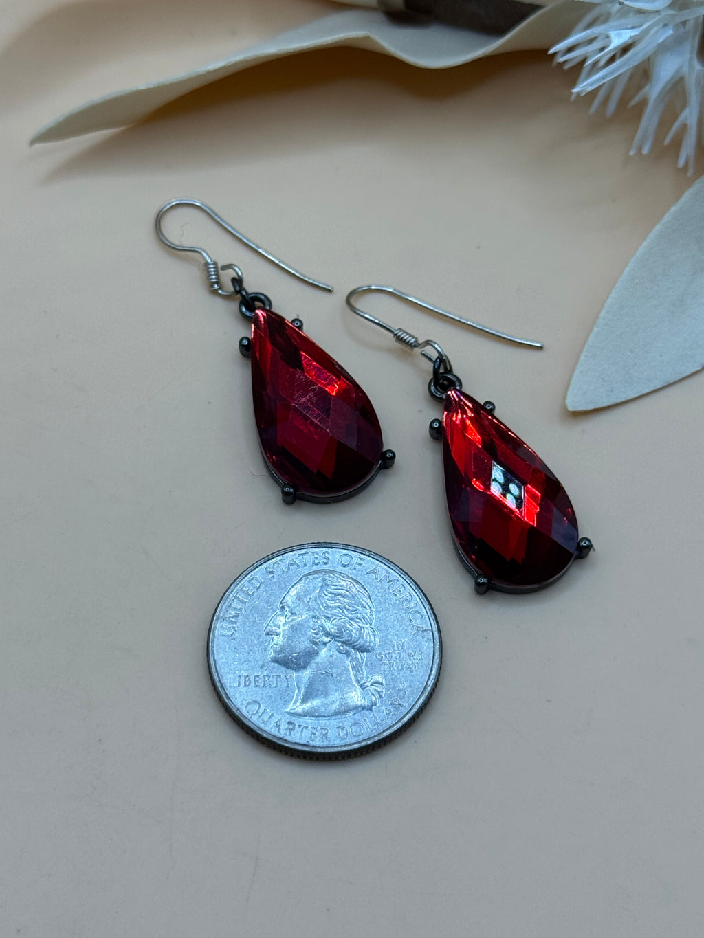 Silver Tone Red Teardrop Faceted Stone Drop Earrings Statement Jewelry