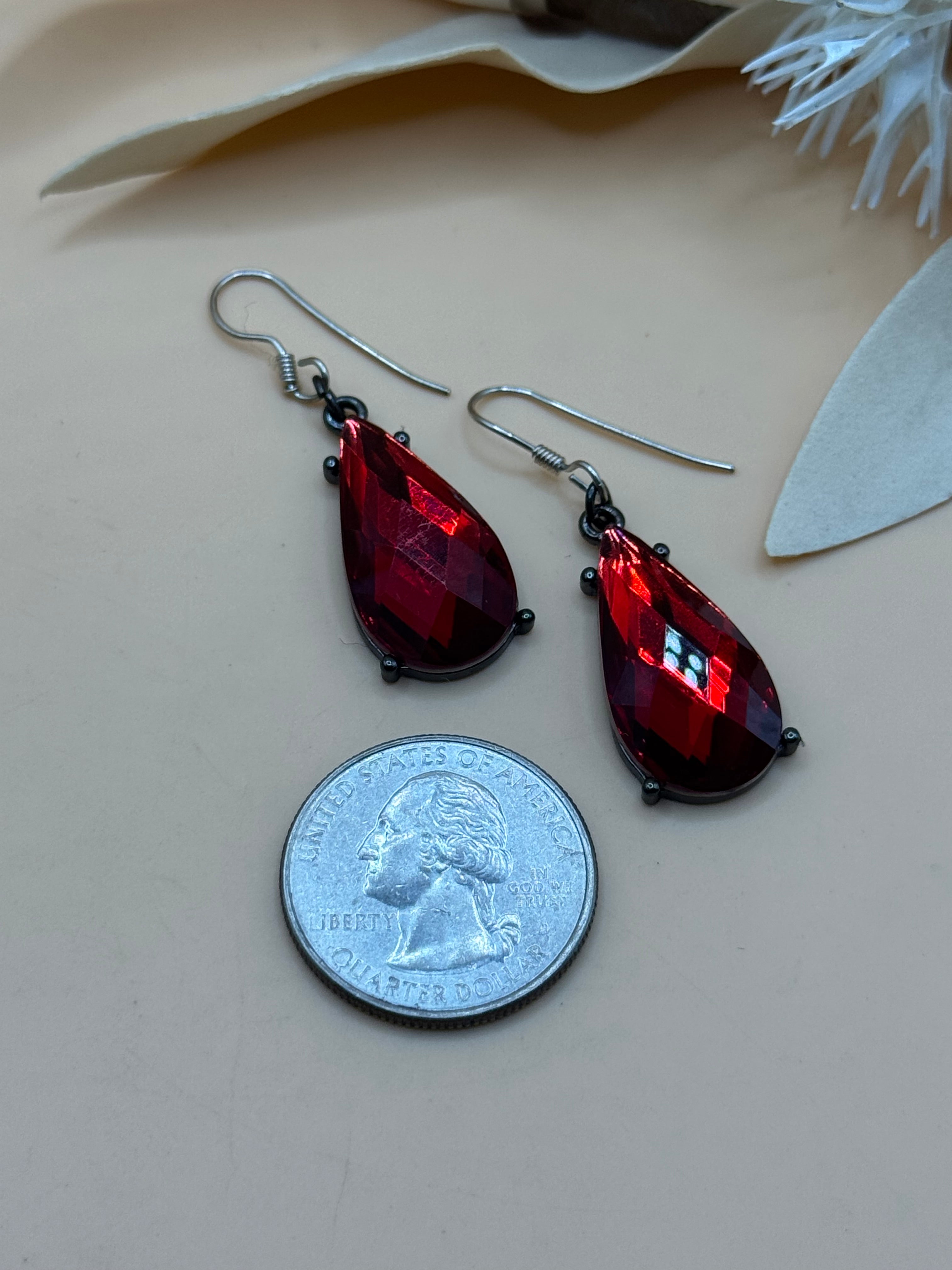 Silver Tone Red Teardrop Faceted Stone Drop Earrings Statement Jewelry