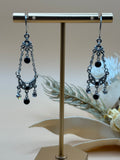 Silver Tone Filigree Crescent Moon Black Stone Drop Earrings