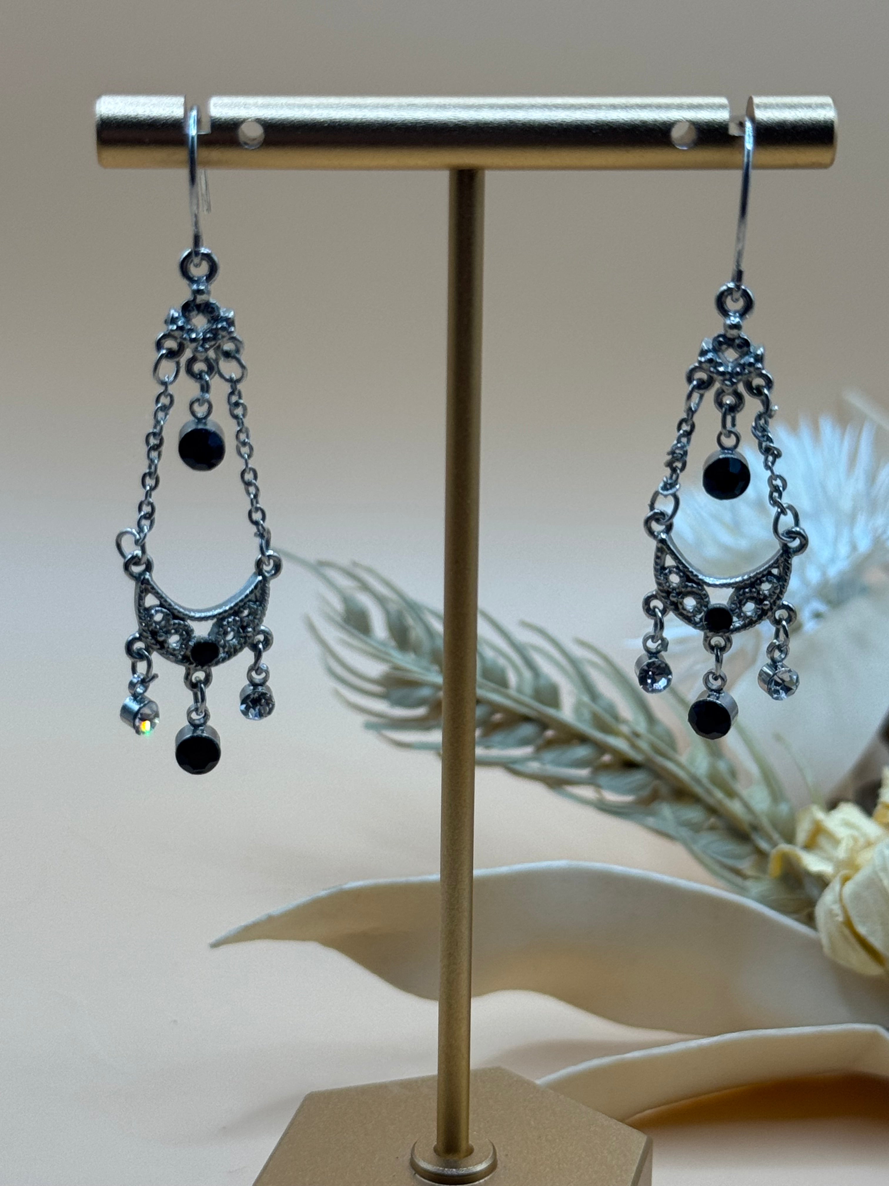 Silver Tone Filigree Crescent Moon Black Stone Drop Earrings