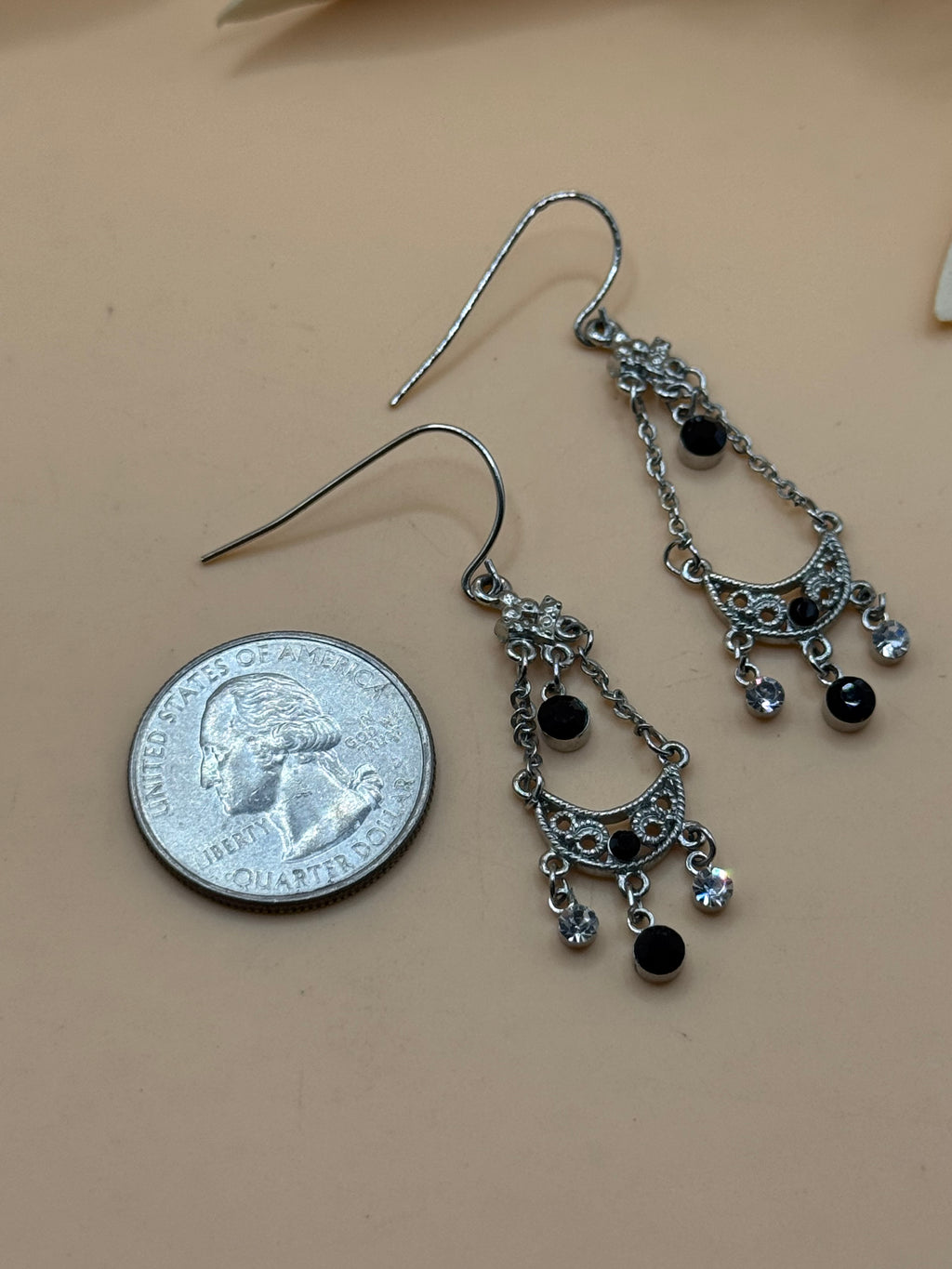 Silver Tone Filigree Crescent Moon Black Stone Drop Earrings