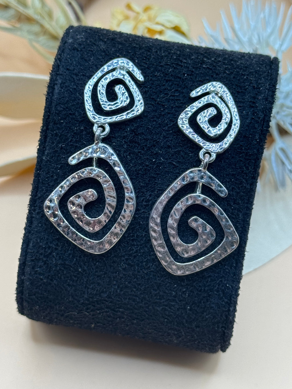 Silver Tone Spiral Swirl Hammered Drop Earrings Statement Jewelry
