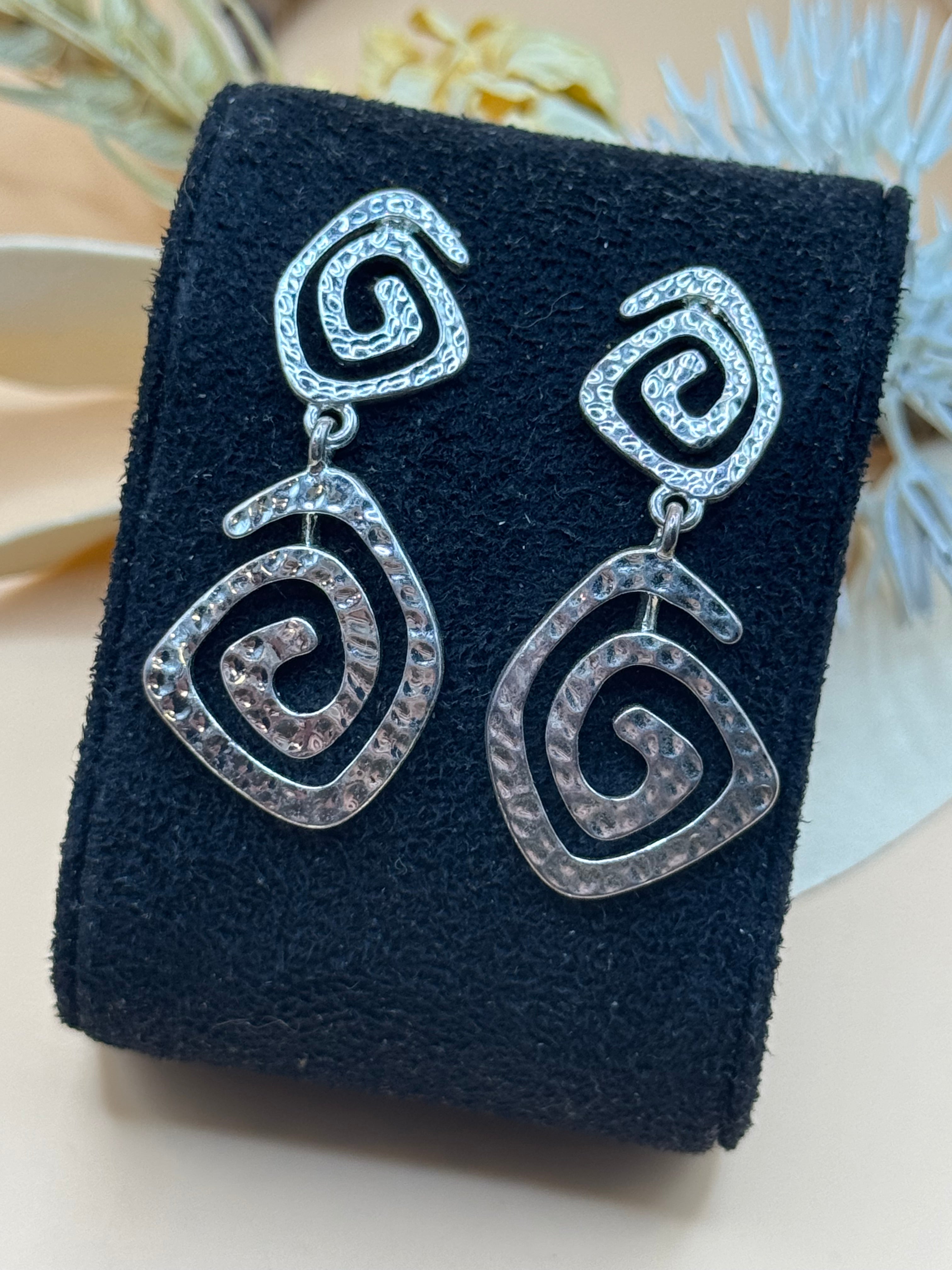 Silver Tone Spiral Swirl Hammered Drop Earrings Statement Jewelry