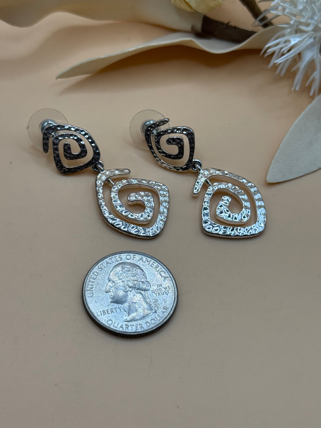 Silver Tone Spiral Swirl Hammered Drop Earrings Statement Jewelry