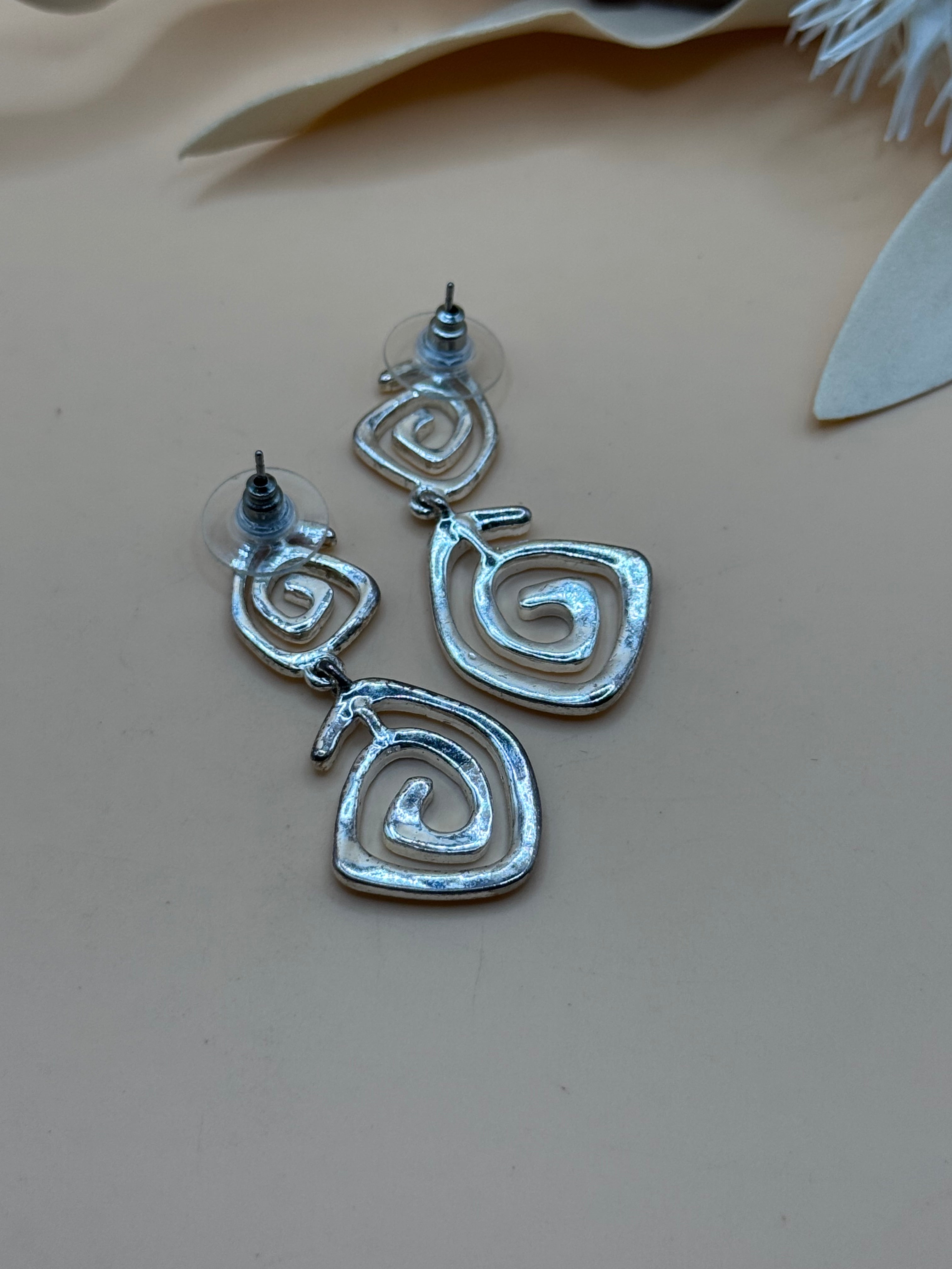 Silver Tone Spiral Swirl Hammered Drop Earrings Statement Jewelry
