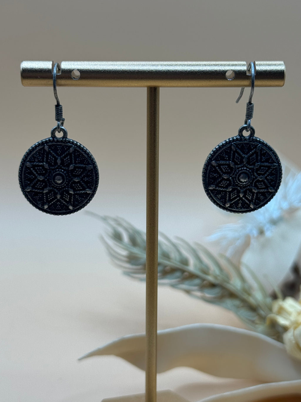 Silver Tone Ornate Round Disc Drop Earrings Statement Jewelry