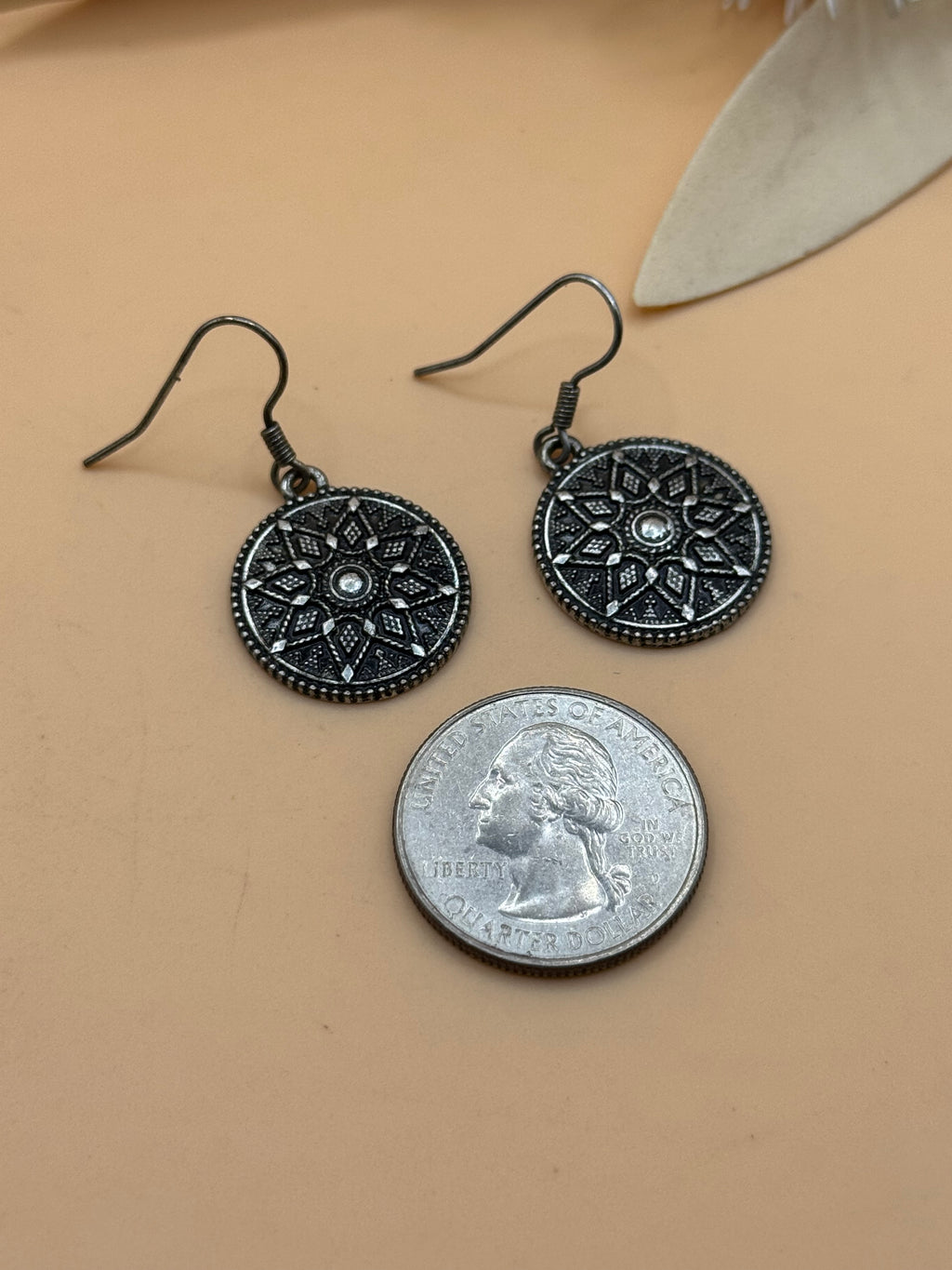 Silver Tone Ornate Round Disc Drop Earrings Statement Jewelry