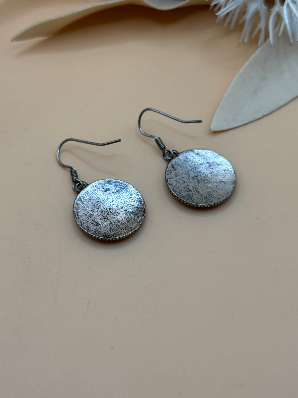 Silver Tone Ornate Round Disc Drop Earrings Statement Jewelry