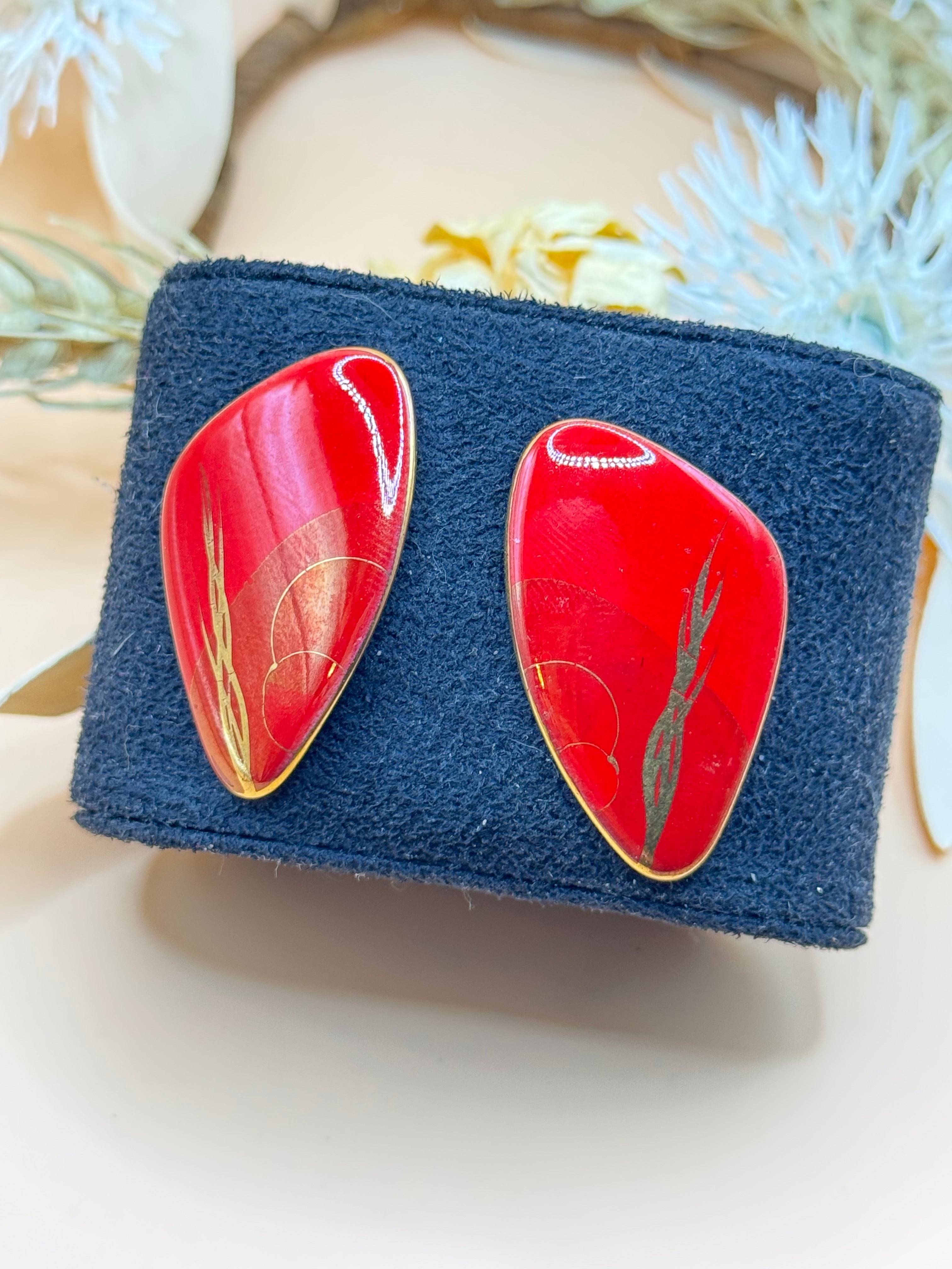 Vintage Red Abstract Gold Tone Statement Earrings
