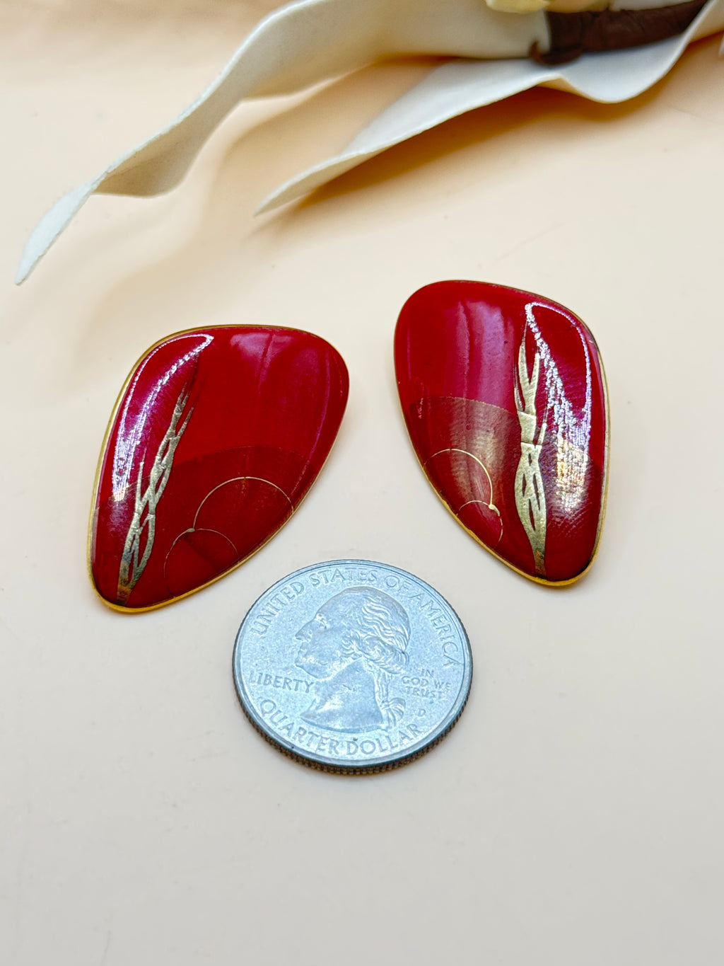 Vintage Red Abstract Gold Tone Statement Earrings