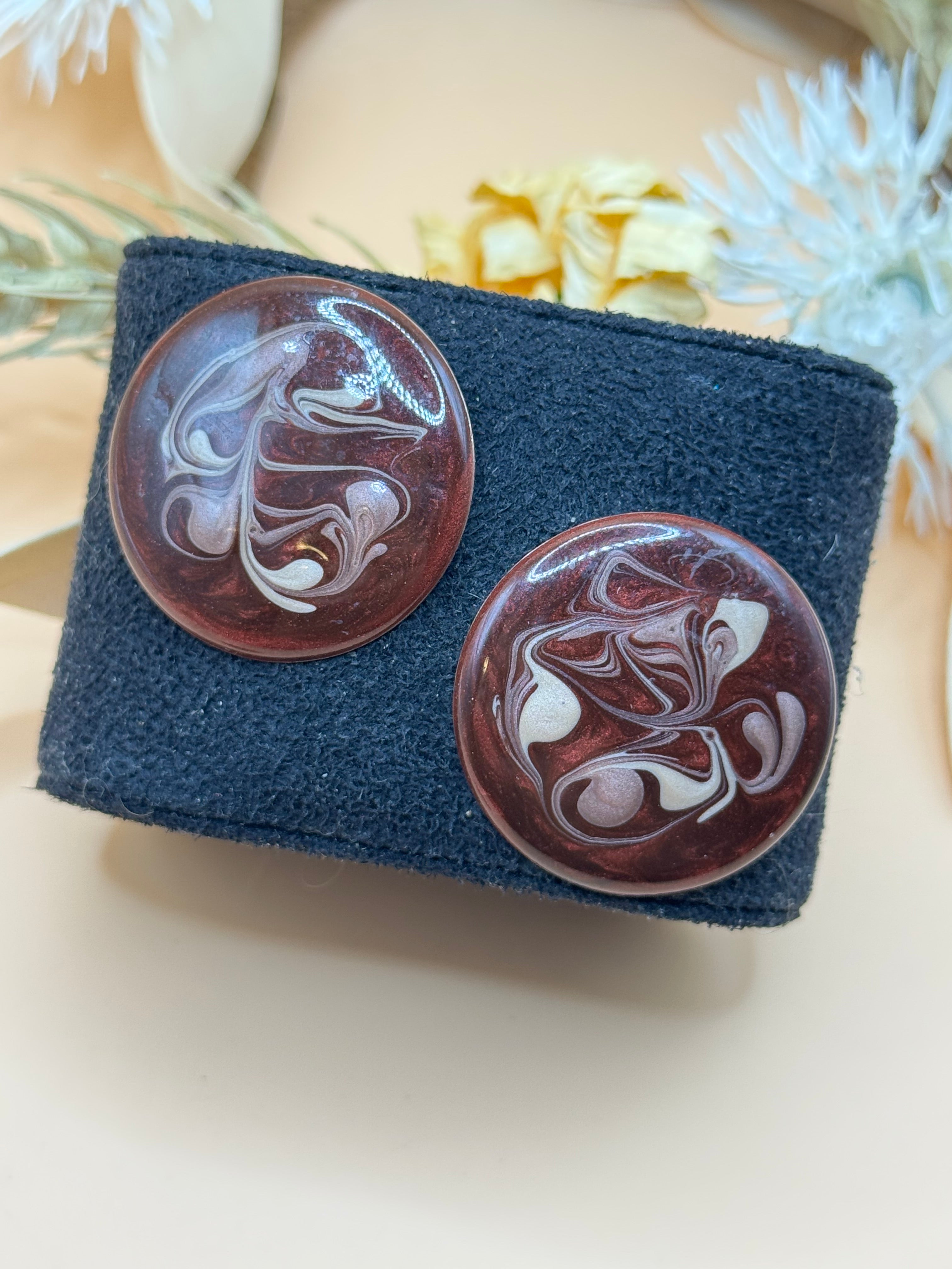 Vintage Burgundy Marbled Round Statement Earrings