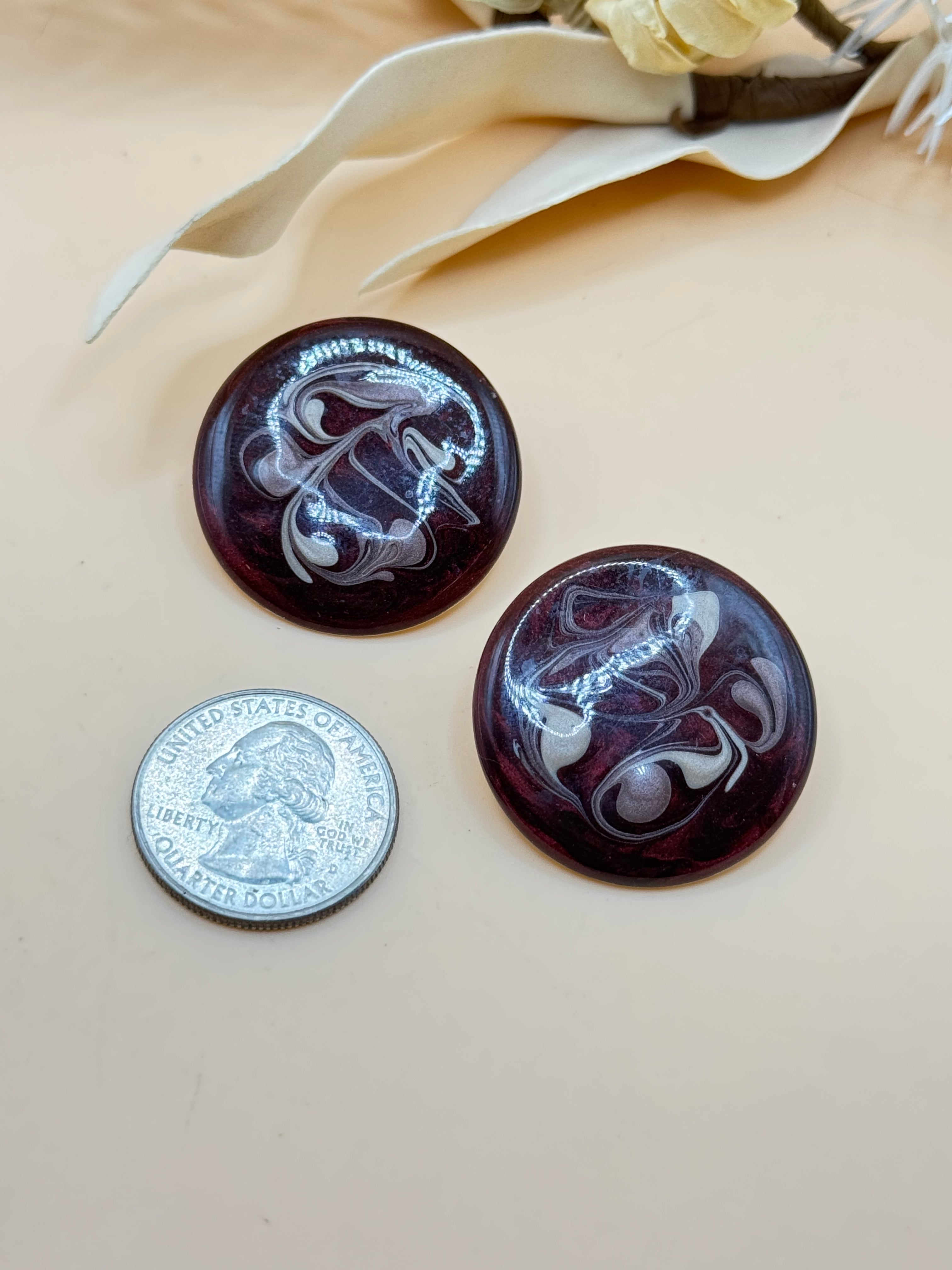 Vintage Burgundy Marbled Round Statement Earrings