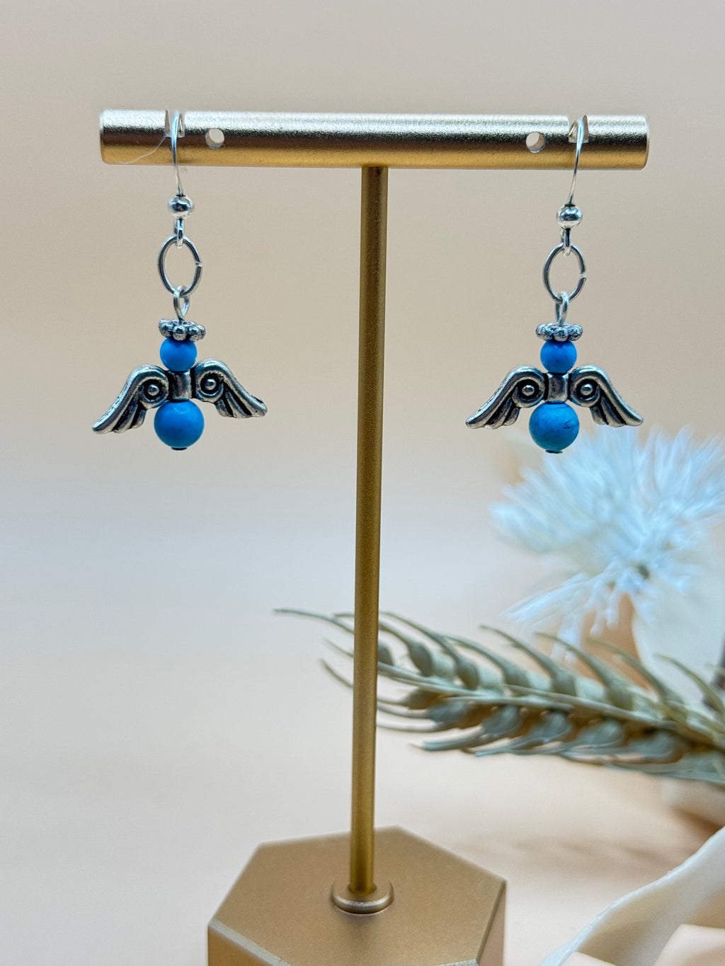 Blue Beaded Silver Tone Angel Dangle Earrings