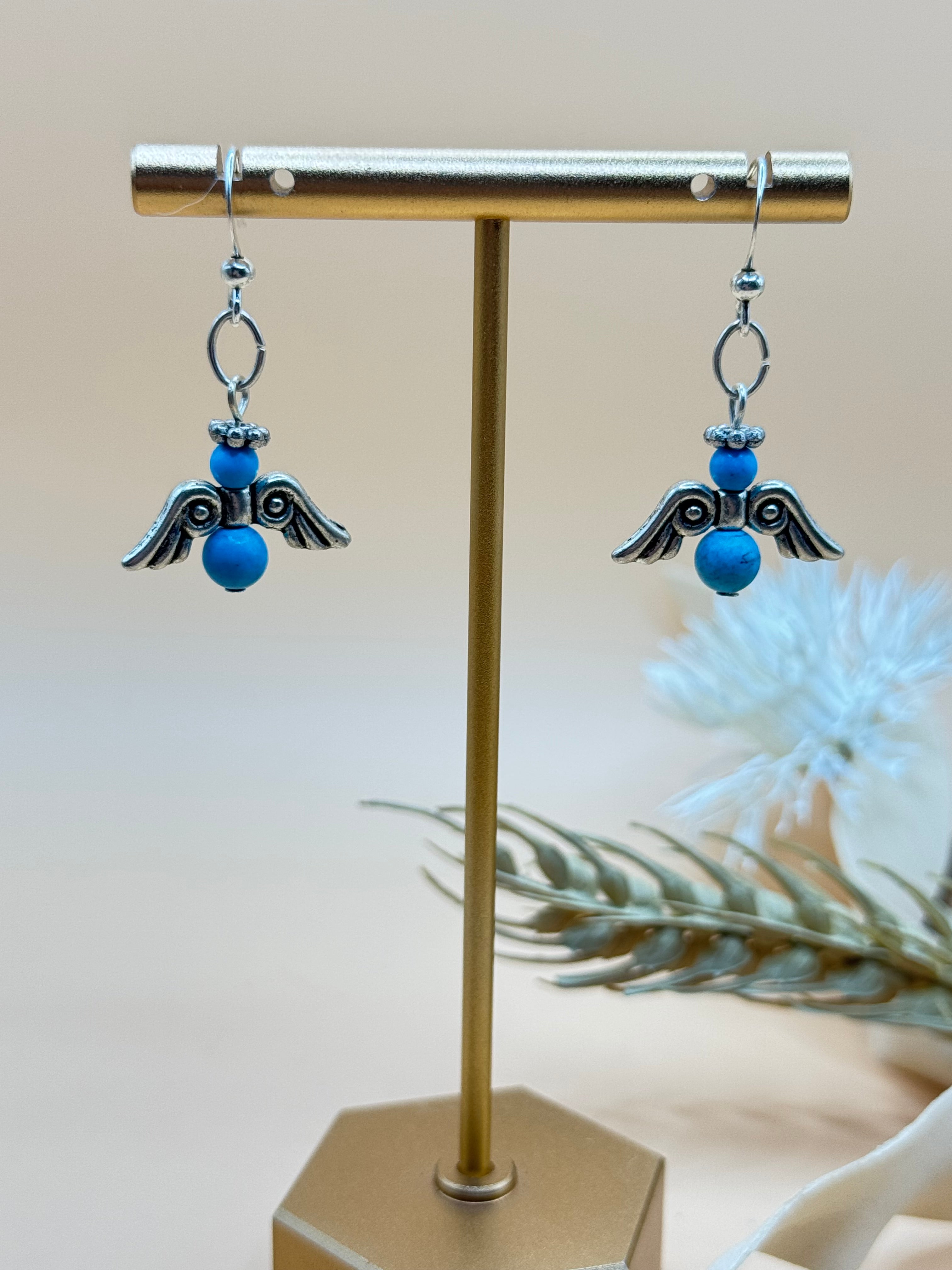 Blue Beaded Silver Tone Angel Dangle Earrings
